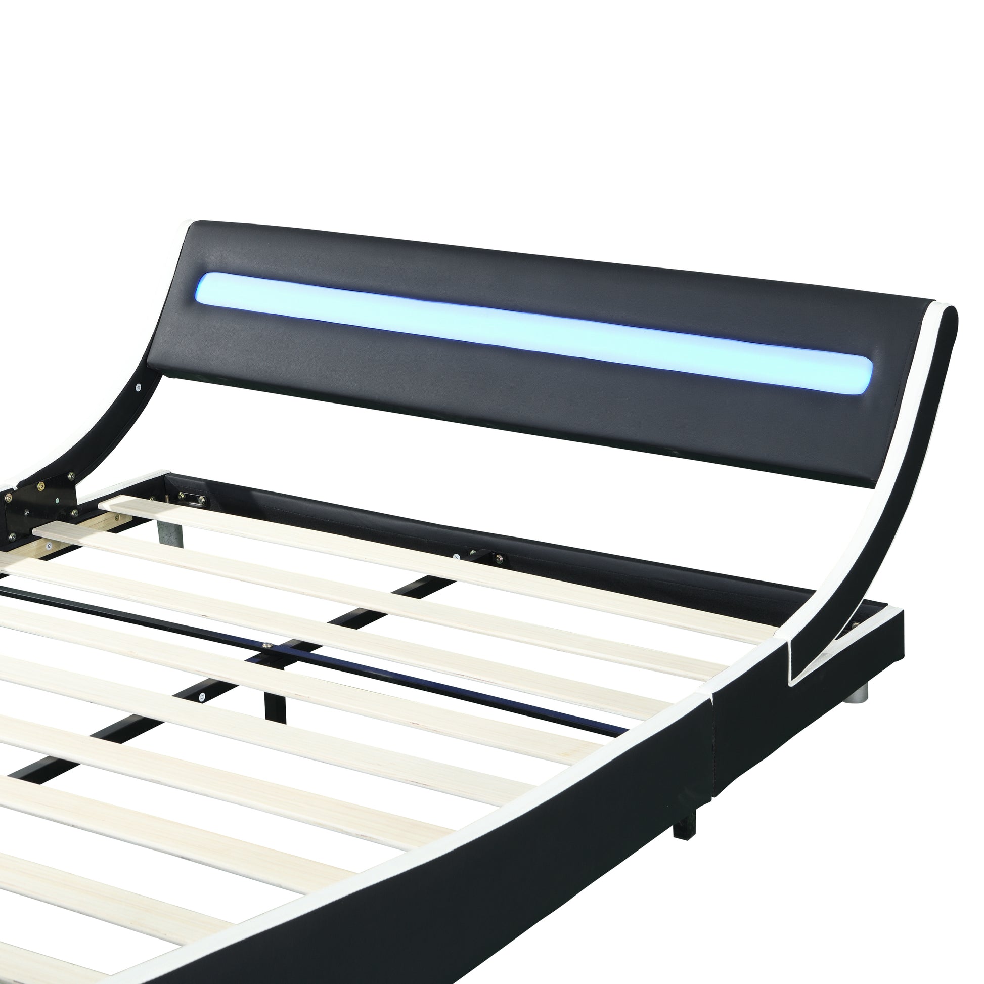 Faux Leather Upholstered Platform Bed Frame With Led Lightingcurve Design, Wood Slat Support, No Box Spring Needed, Easy Assemble, Queen Size, Black And White Black White Mdf