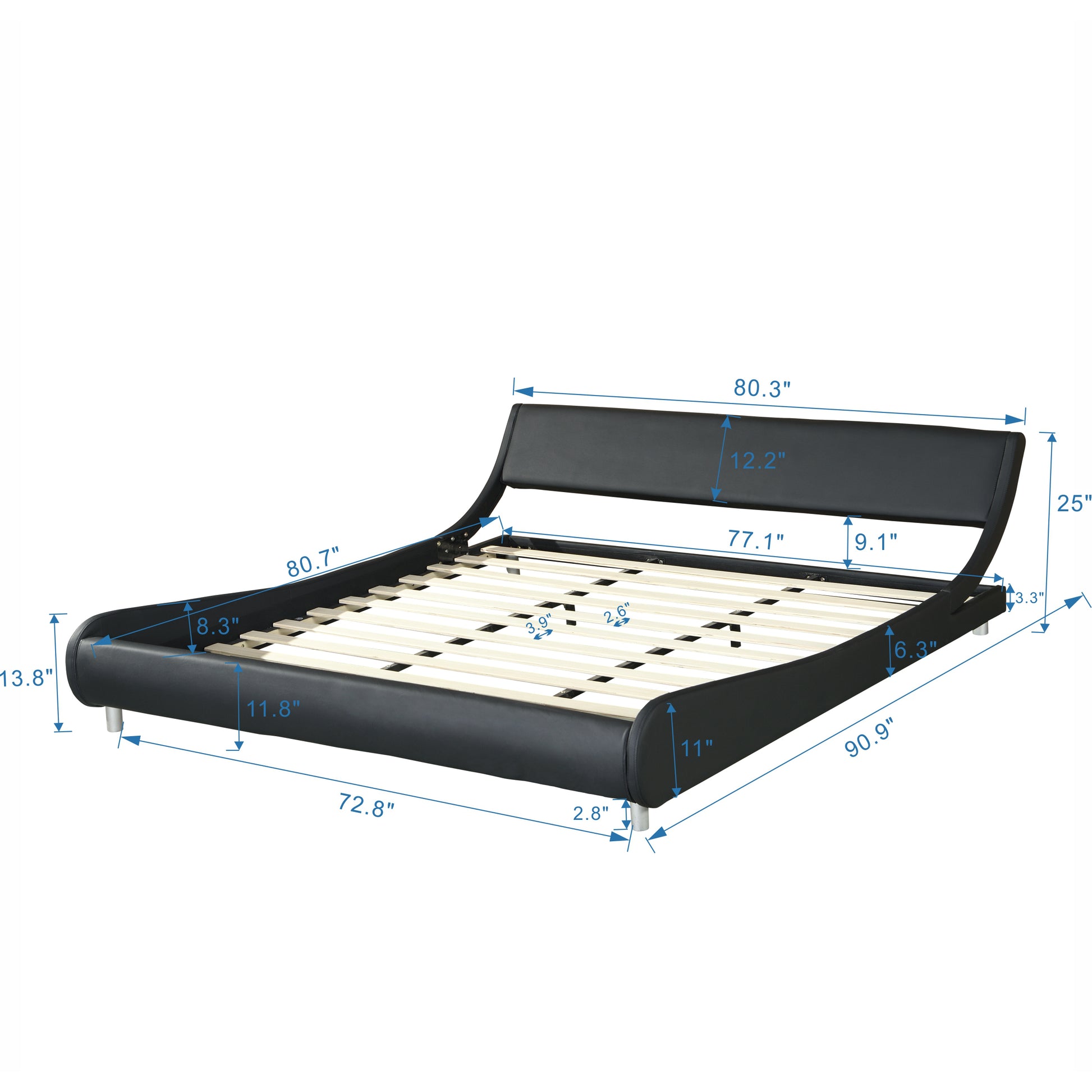 Faux Leather Upholstered Platform Bed Frame With Led Lightingcurve Design, Wood Slat Support, No Box Spring Needed, Easy Assemble, King Size, Gray Gray Mdf