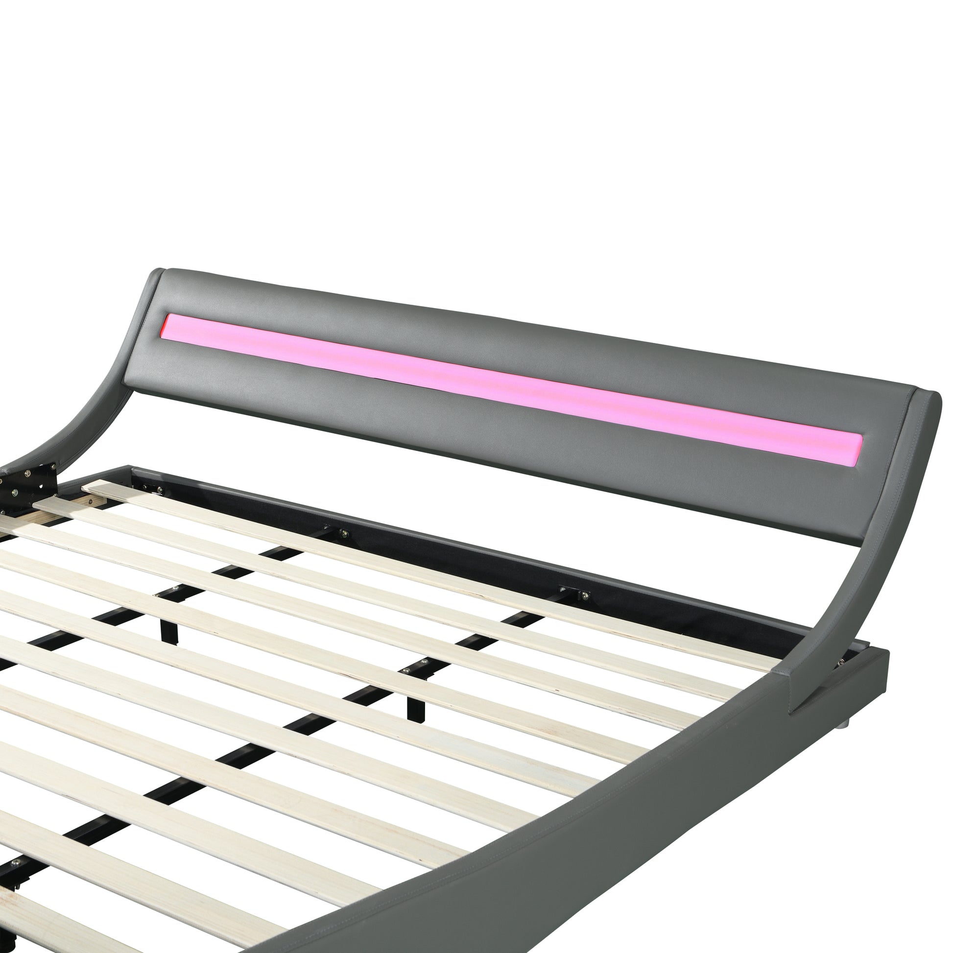 Faux Leather Upholstered Platform Bed Frame With Led Lightingcurve Design, Wood Slat Support, No Box Spring Needed, Easy Assemble, King Size, Gray Gray Mdf