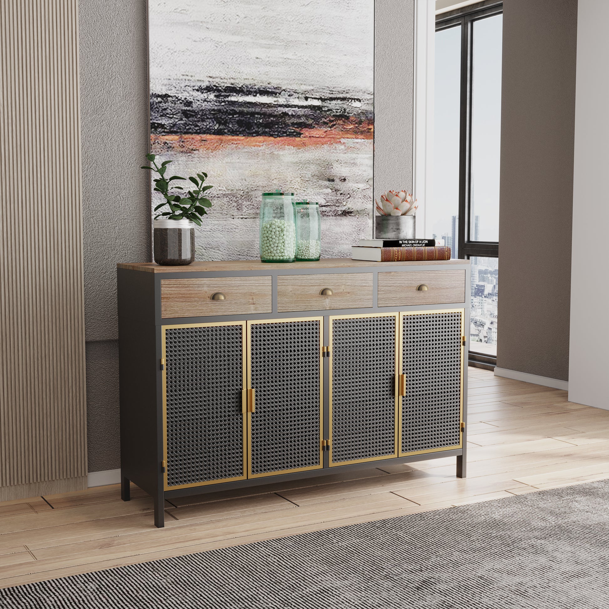 48" Wide 4 Doors Modern Sideboard With 3 Top Drawers, Freestanding Sideboard Storage Cabinet Entryway Floor Cabinet For Living Room Office Bedroom Dark Gray Metal