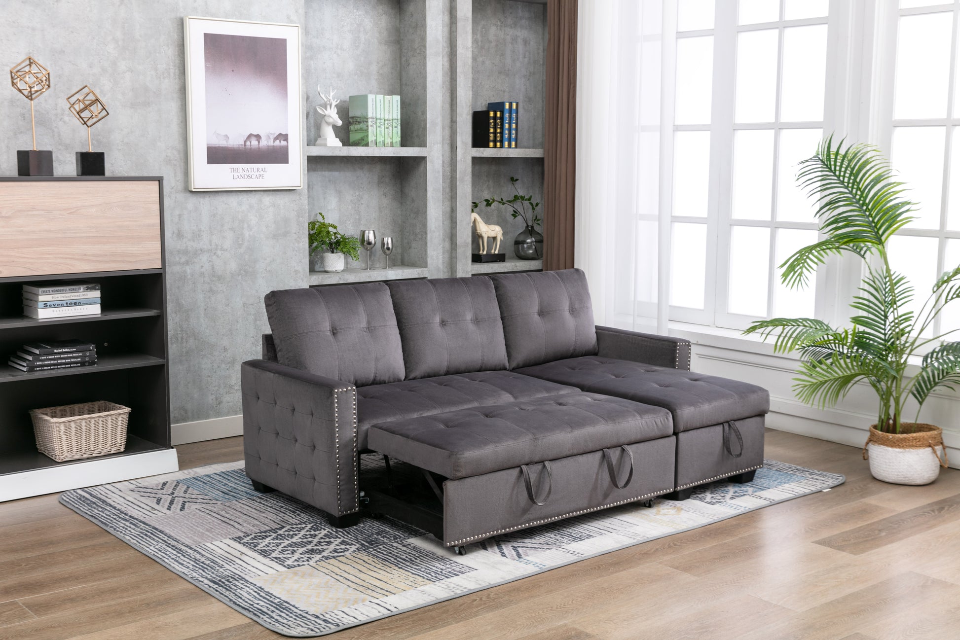 77 Inch Reversible Sectional Storage Sleeper Sofa Bedl Shape 2 Seat Sectional Chaise With Storageskin Feeling Velvet Fabric ,Dark Grey Color For Living Room Furniture Dark Grey Velvet