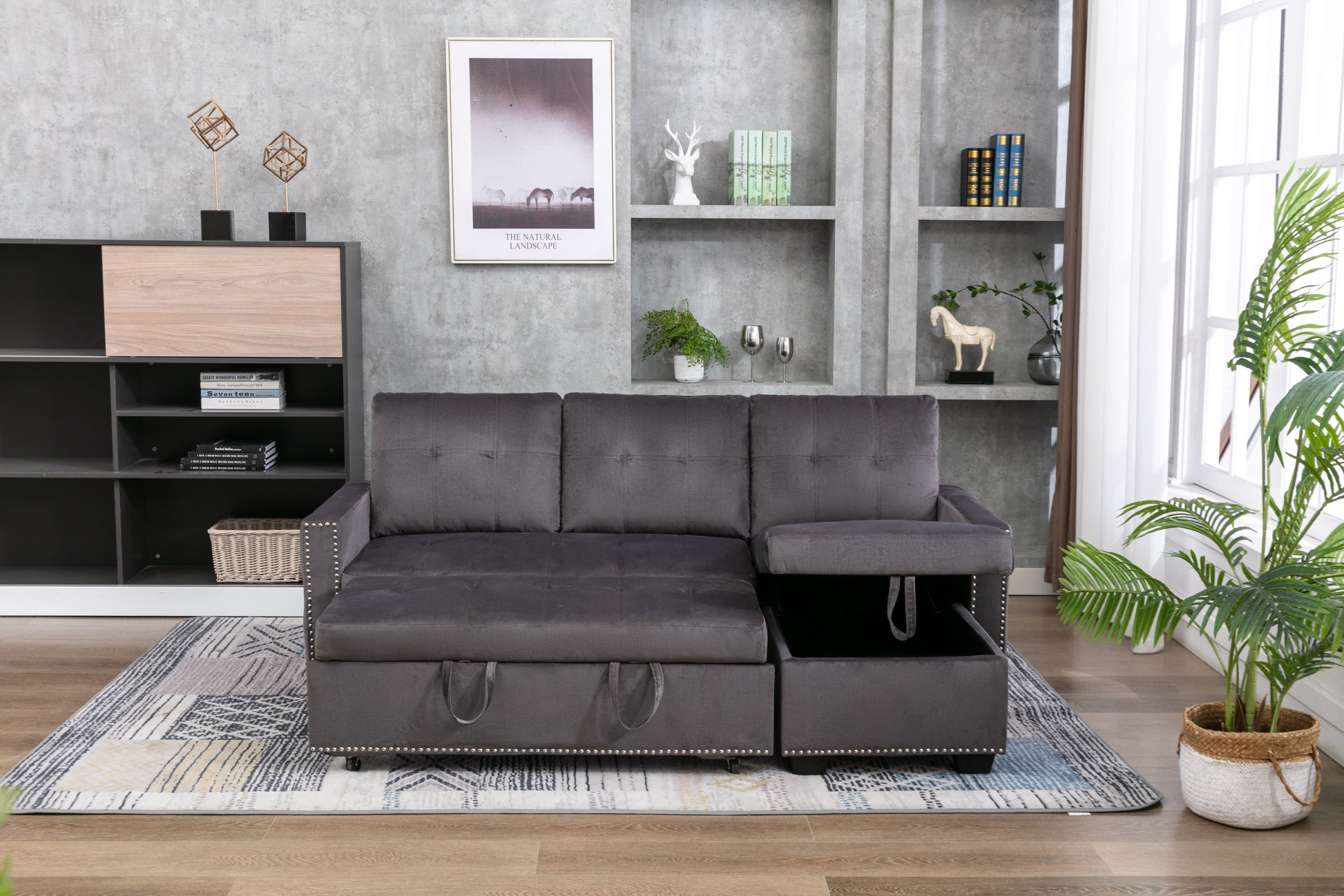 77 Inch Reversible Sectional Storage Sleeper Sofa Bedl Shape 2 Seat Sectional Chaise With Storageskin Feeling Velvet Fabric ,Dark Grey Color For Living Room Furniture Dark Grey Velvet