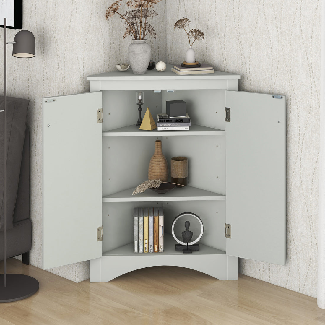 Grey Triangle Bathroom Storage Cabinet With Adjustable Shelves, Freestanding Floor Cabinet For Home Kitchen Grey Mdf