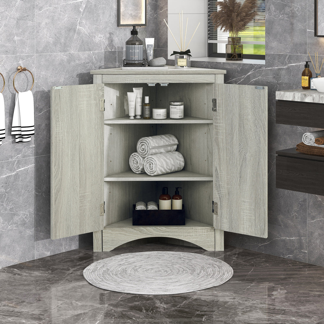 Oak Triangle Bathroom Storage Cabinet With Adjustable Shelves, Freestanding Floor Cabinet For Home Kitchen Oak Mdf