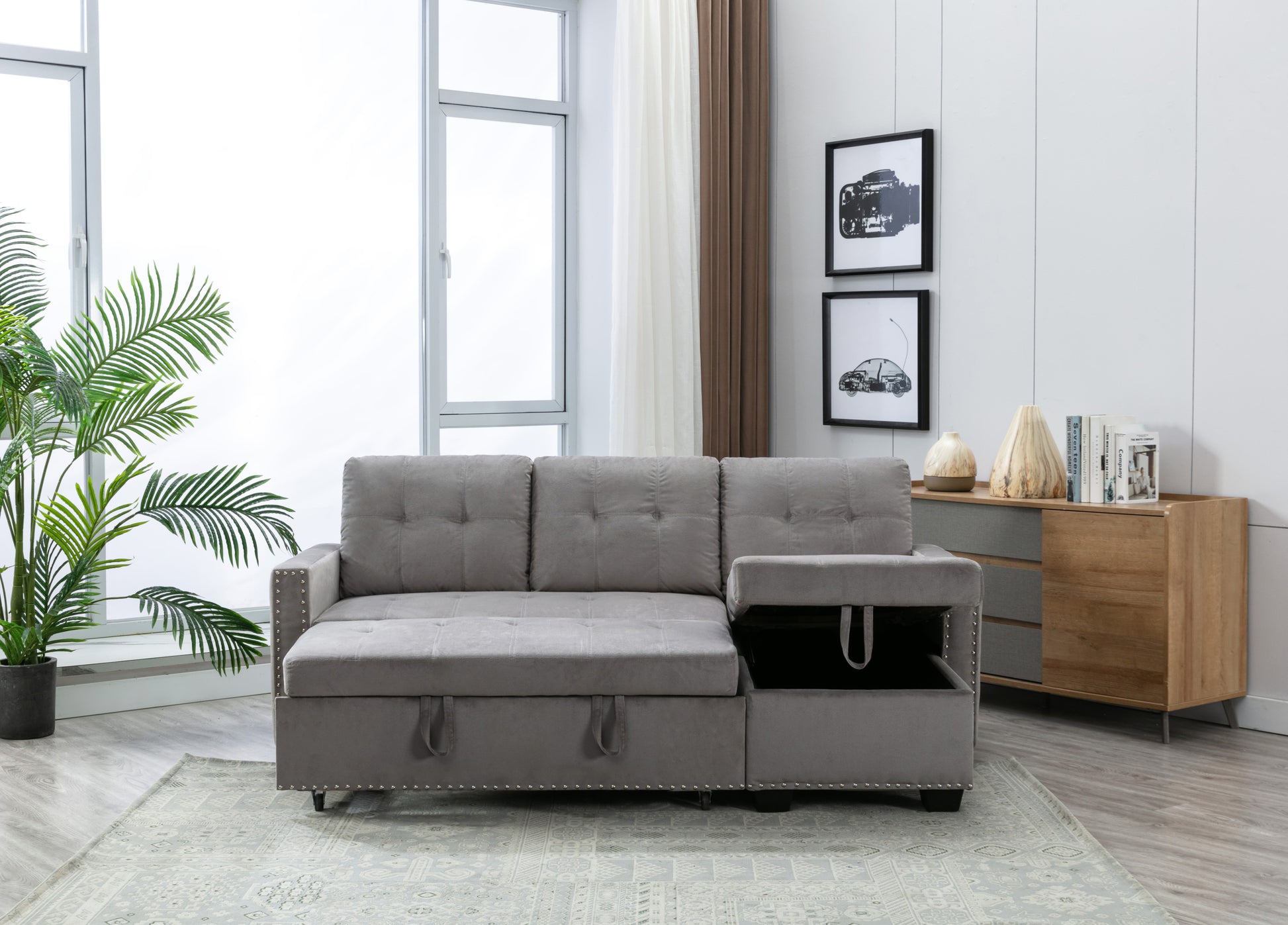 77 Inch Reversible Sectional Storage Sleeper Sofa Bedl Shape 2 Seat Sectional Chaise With Storageskin Feeling Velvet Fabric ,Light Grey Color For Living Room Furniture Light Grey Fabric 3 Seat