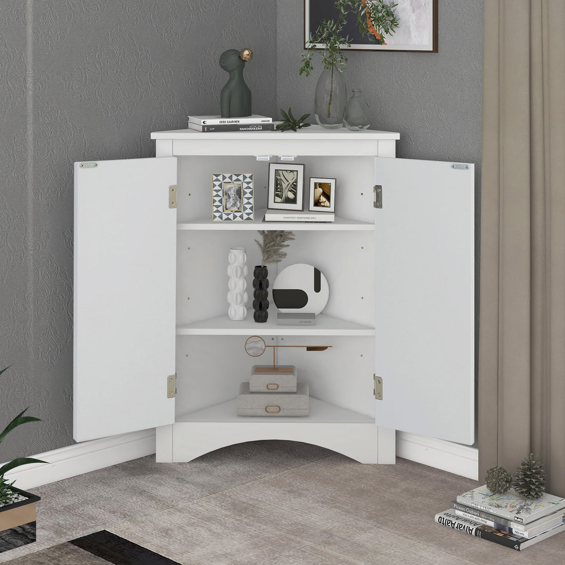 White Triangle Bathroom Storage Cabinet With Adjustable Shelves, Freestanding Floor Cabinet For Home Kitchen White Mdf