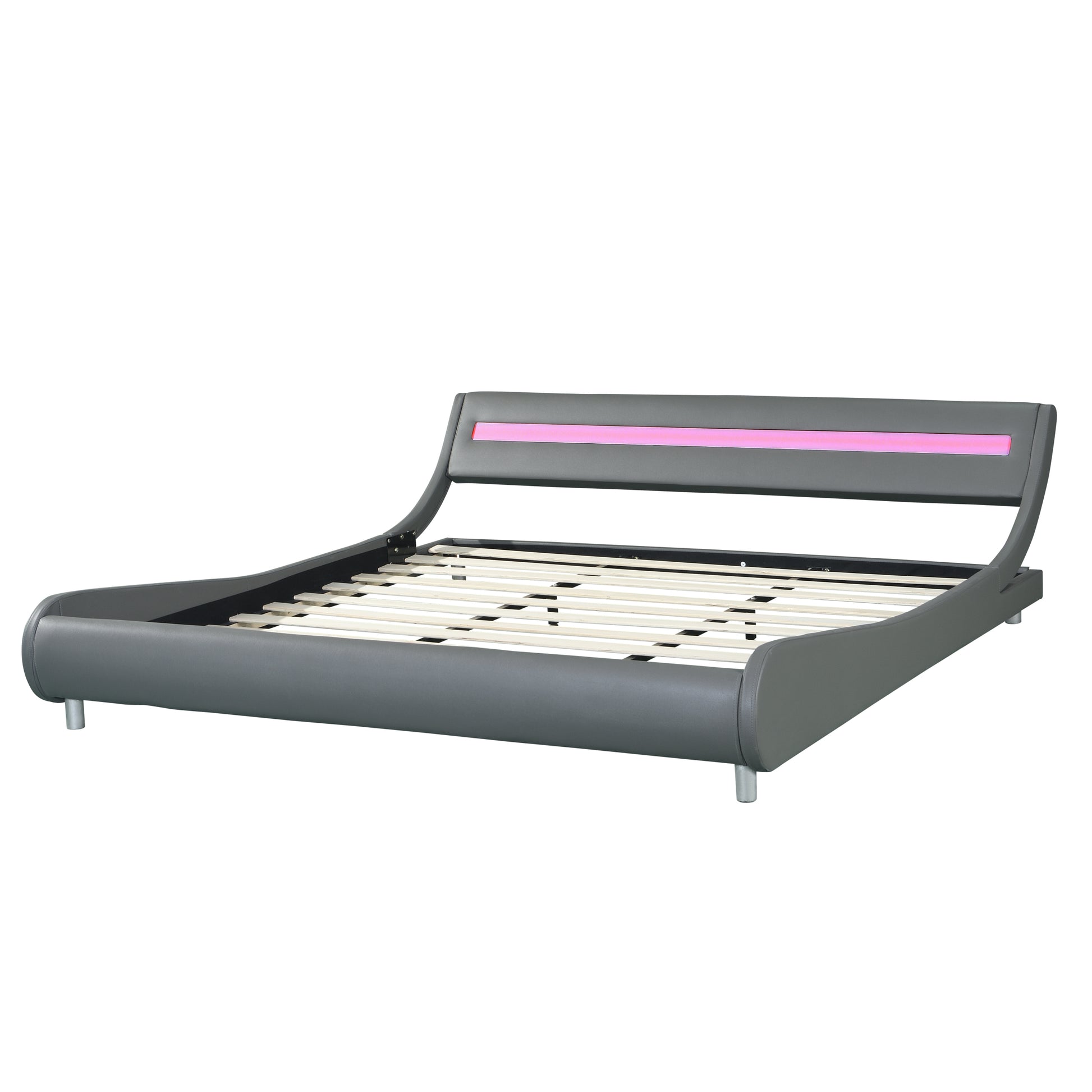 Faux Leather Upholstered Platform Bed Frame With Led Lightingcurve Design, Wood Slat Support, No Box Spring Needed, Easy Assemble, King Size, Gray Gray Mdf