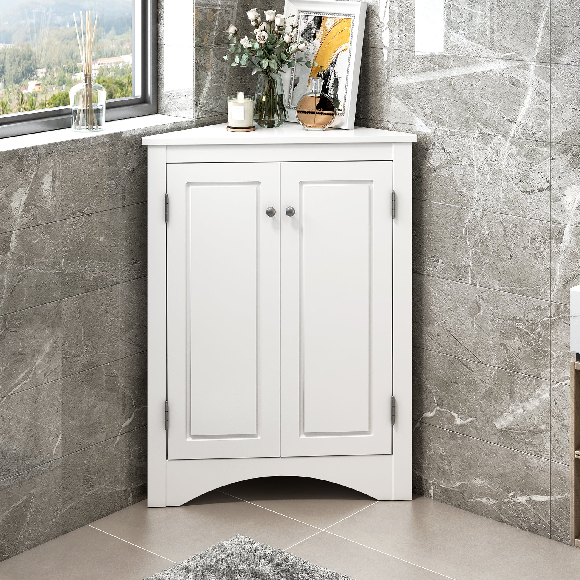 White Triangle Bathroom Storage Cabinet With Adjustable Shelves, Freestanding Floor Cabinet For Home Kitchen White Mdf