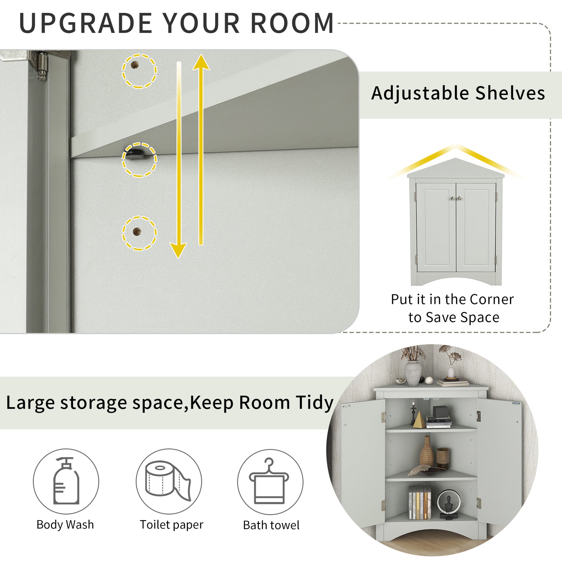 Grey Triangle Bathroom Storage Cabinet With Adjustable Shelves, Freestanding Floor Cabinet For Home Kitchen Grey Mdf