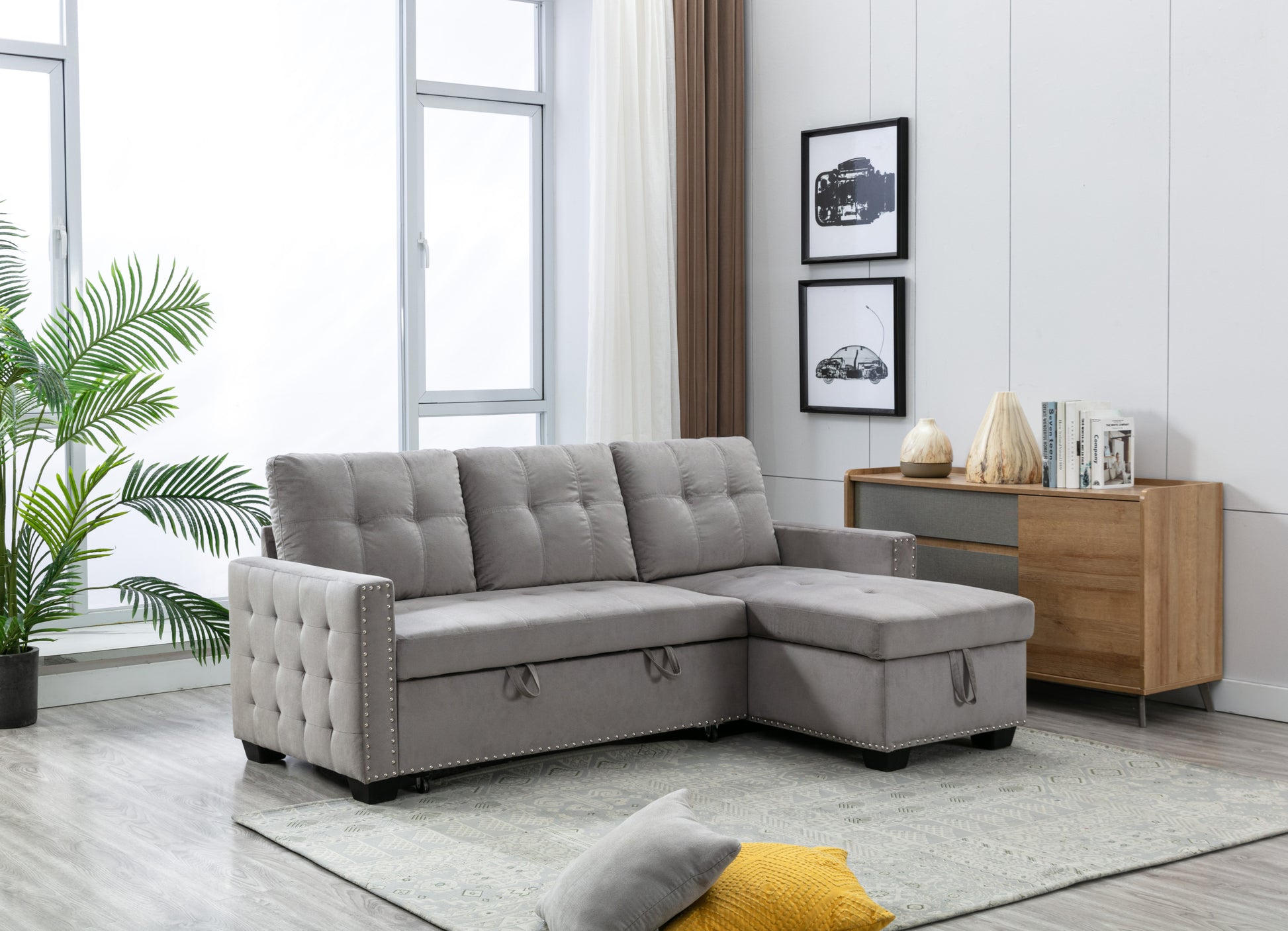 77 Inch Reversible Sectional Storage Sleeper Sofa Bedl Shape 2 Seat Sectional Chaise With Storageskin Feeling Velvet Fabric ,Light Grey Color For Living Room Furniture Light Grey Fabric 3 Seat