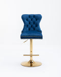 Swivel Bar Stools Chair Set Of 2 Modern Adjustable Counter Height Bar Stools, Velvet Upholstered Stool With Tufted High Back & Ring Pull For Kitchenchrome Golden Base, Blue Navy Blue Foam Iron