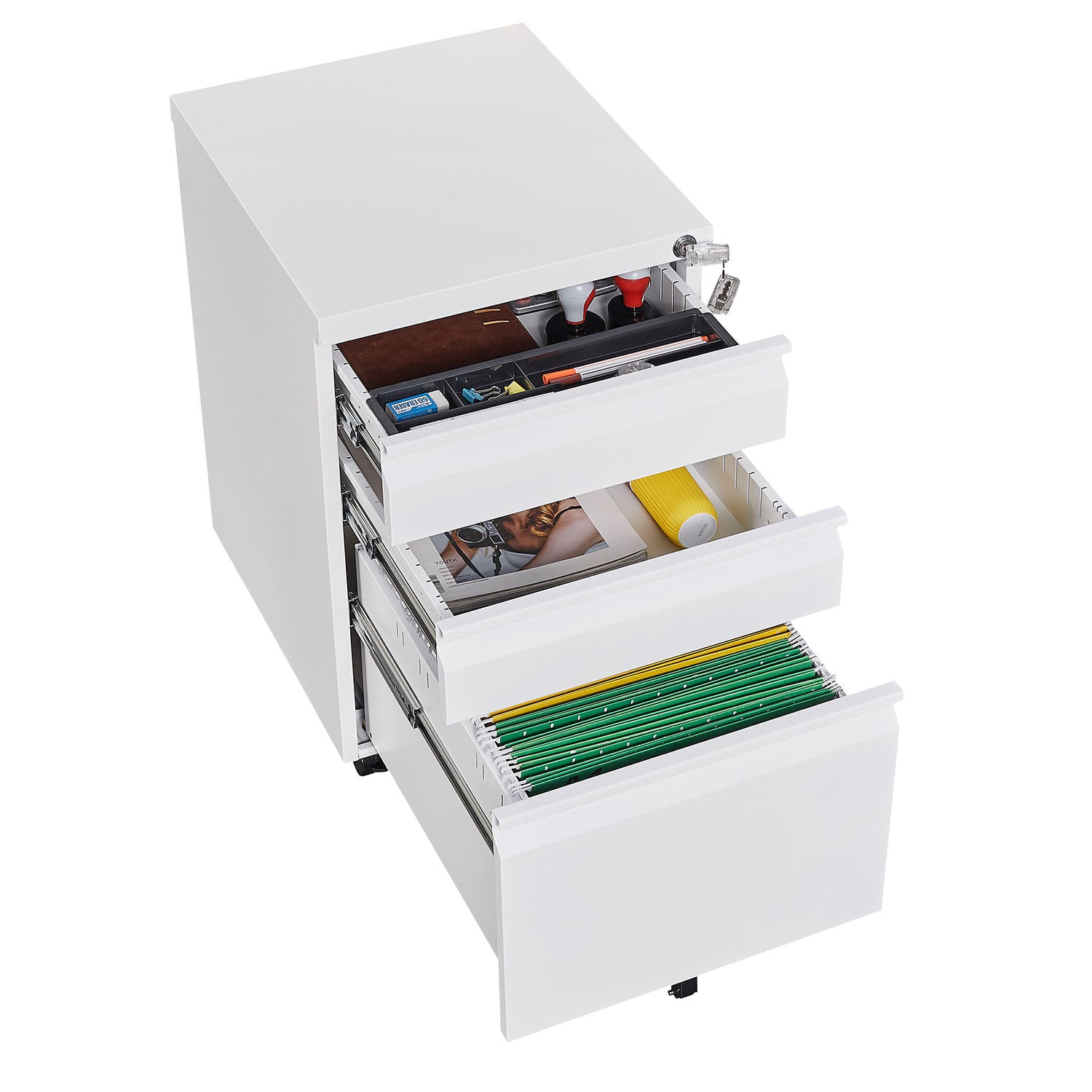 3 Drawer Mobile File Cabinet With Lock, Office Storage Filing Cabinet For Legal Letter Size, Pre Assembled Metal File Cabinet Except Wheels Under Desk White Mobile File Cabinets 3 4 Drawers White Office Mobile Metal