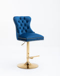 Swivel Bar Stools Chair Set Of 2 Modern Adjustable Counter Height Bar Stools, Velvet Upholstered Stool With Tufted High Back & Ring Pull For Kitchenchrome Golden Base, Blue Navy Blue Foam Iron
