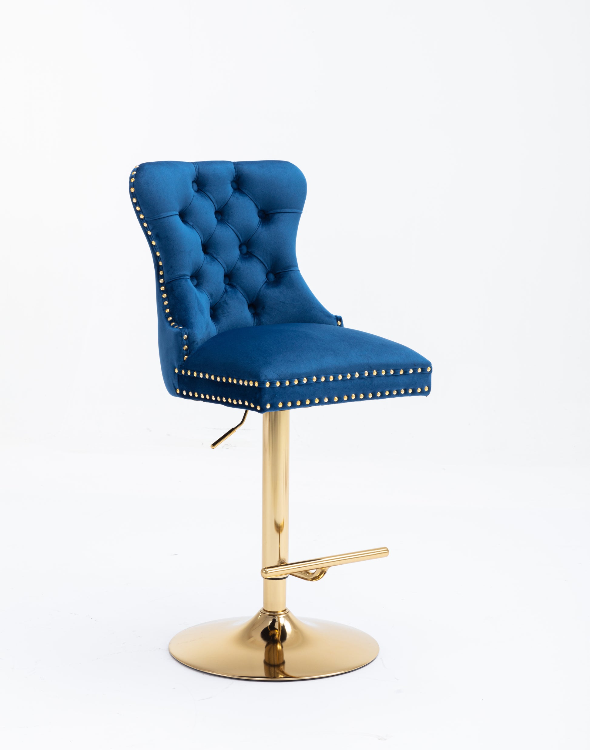 Swivel Bar Stools Chair Set Of 2 Modern Adjustable Counter Height Bar Stools, Velvet Upholstered Stool With Tufted High Back & Ring Pull For Kitchenchrome Golden Base, Blue Navy Blue Foam Iron