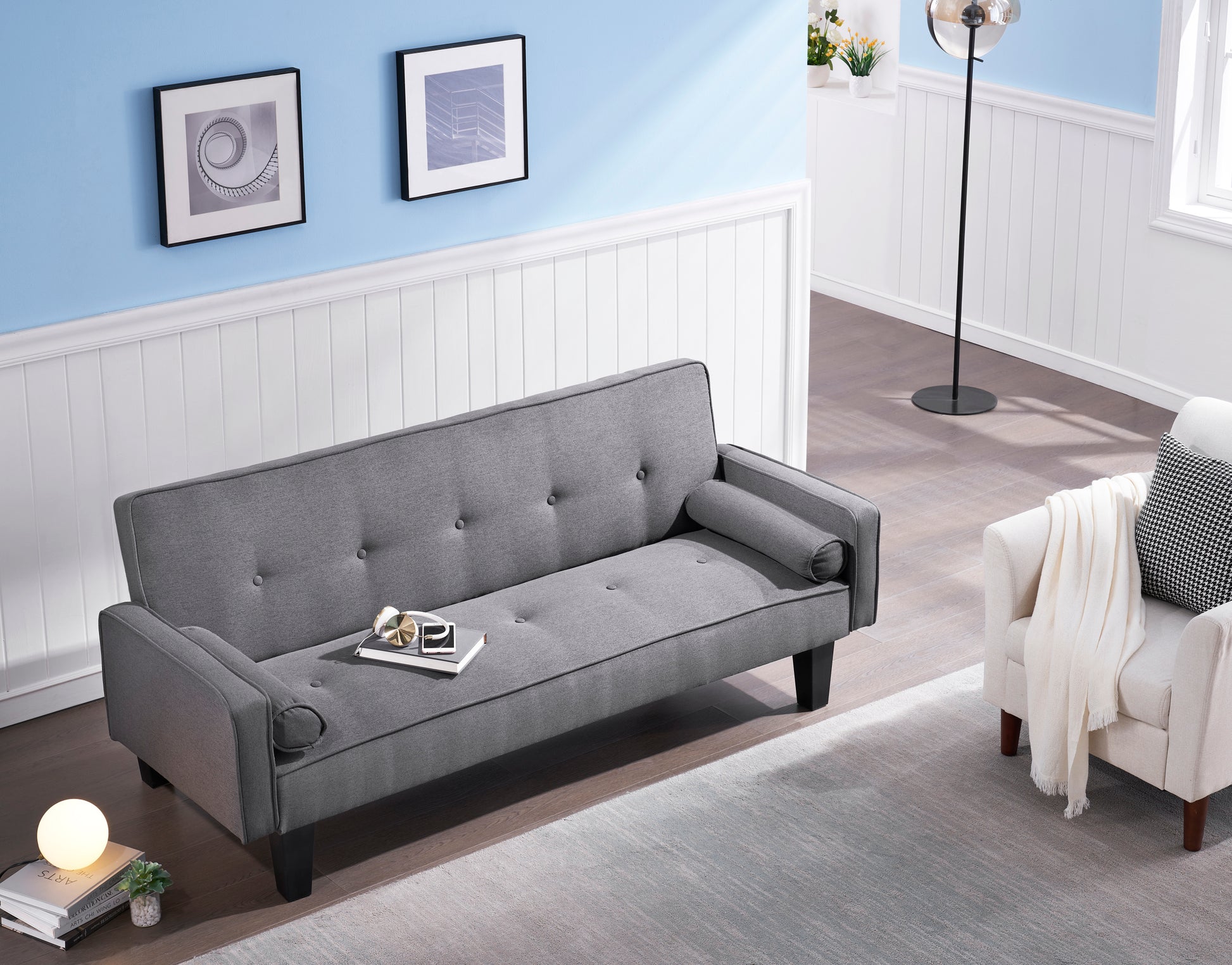 2059 Sofa Convertible Into Sofa Bed Includes Two Pillows 72" Dark Grey Cotton Linen Sofa Bed For Family Living Room Dark Gray Cotton