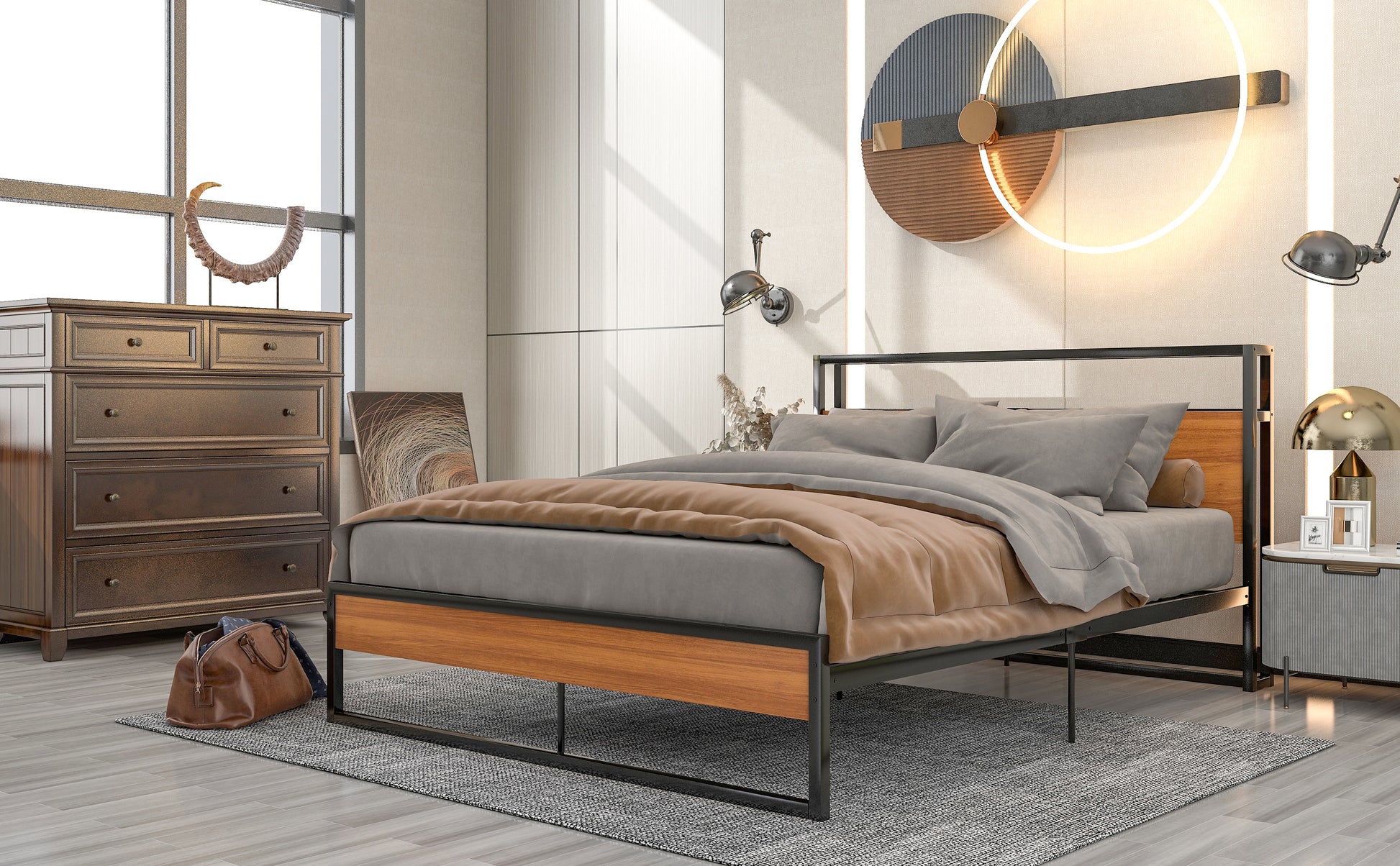 Queen Size Metal Platform Bed Frame With Sockets, Usb Ports And Slat Support ,No Box Spring Needed Black Black Metal