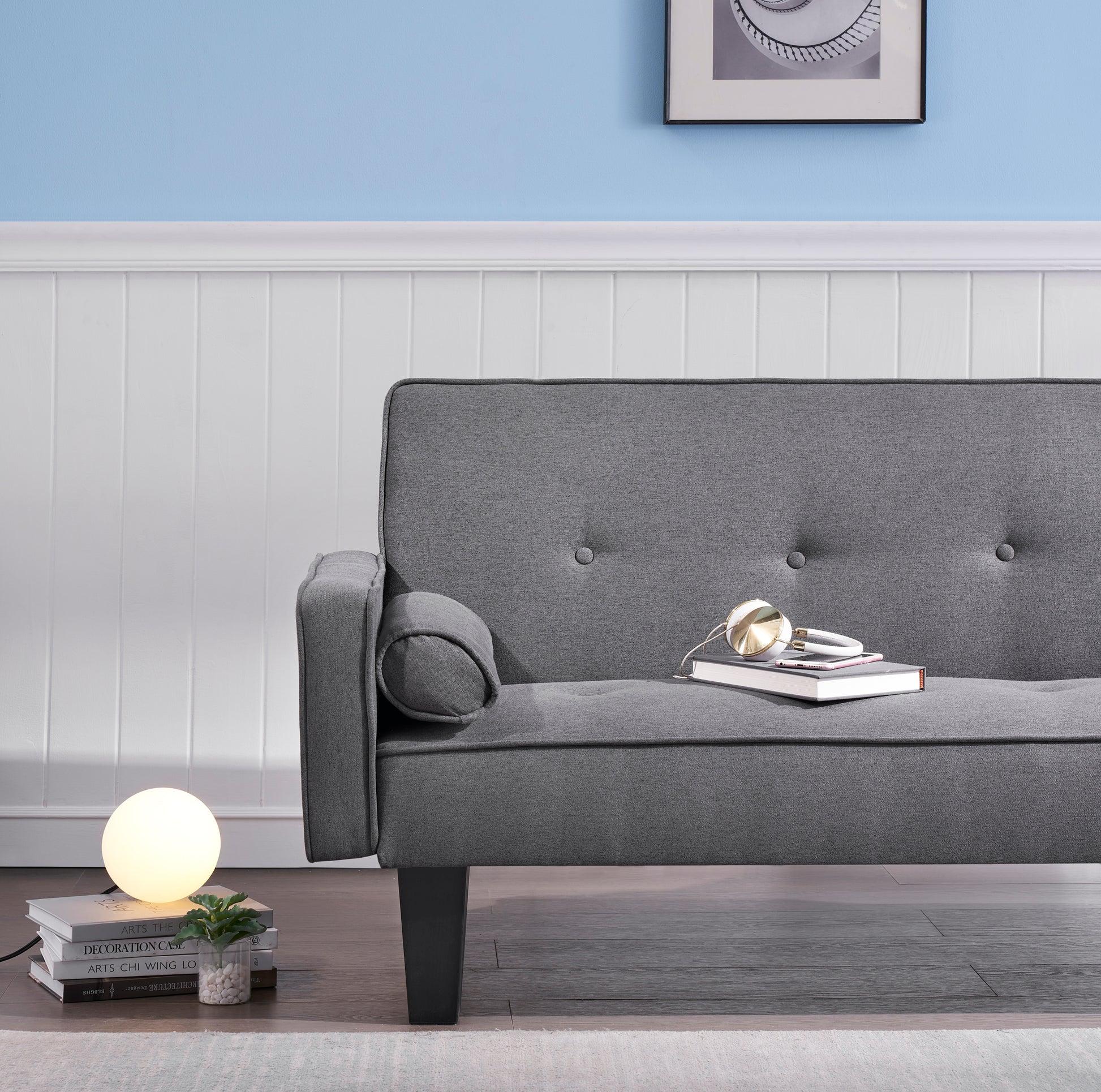 2059 Sofa Convertible Into Sofa Bed Includes Two Pillows 72" Dark Grey Cotton Linen Sofa Bed For Family Living Room Dark Gray Cotton