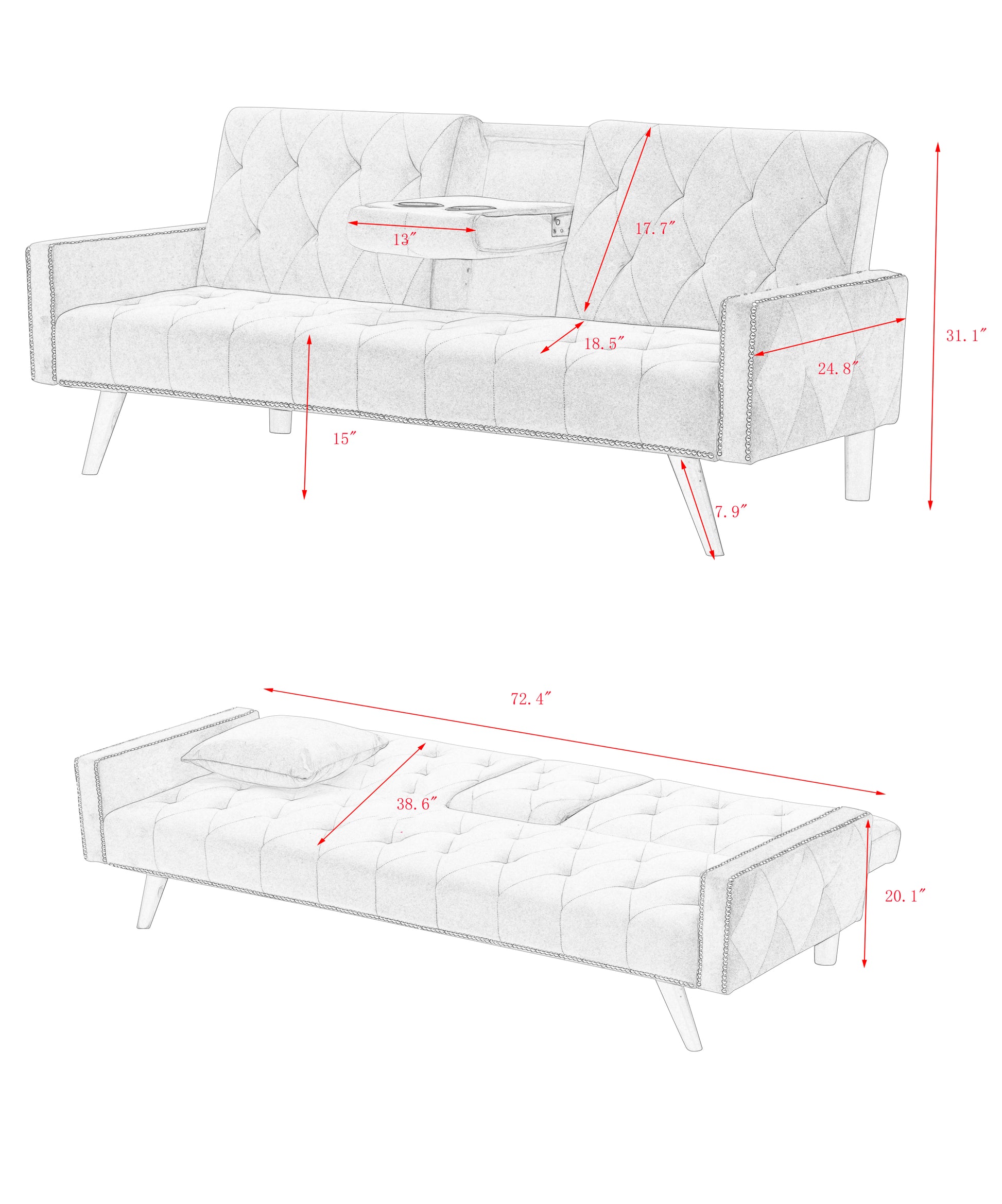 1730 Sofa Bed Armrest With Nail Head Trim With Two Cup Holders 72" Pink Velvet Sofa For Small Spaces Pink Altay Velvet