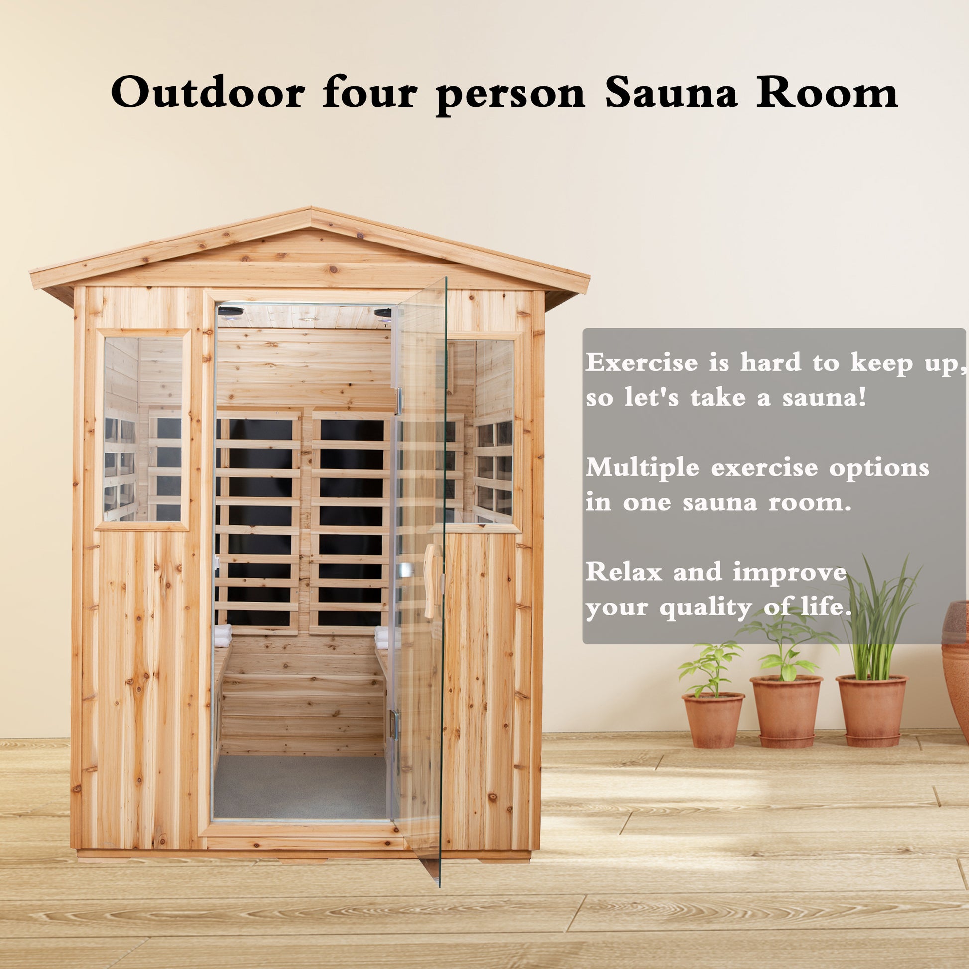 Four Person Old Fir Far Infrared Outdoor Sauna Room Natural Wood Wood Stainless Steel Glass