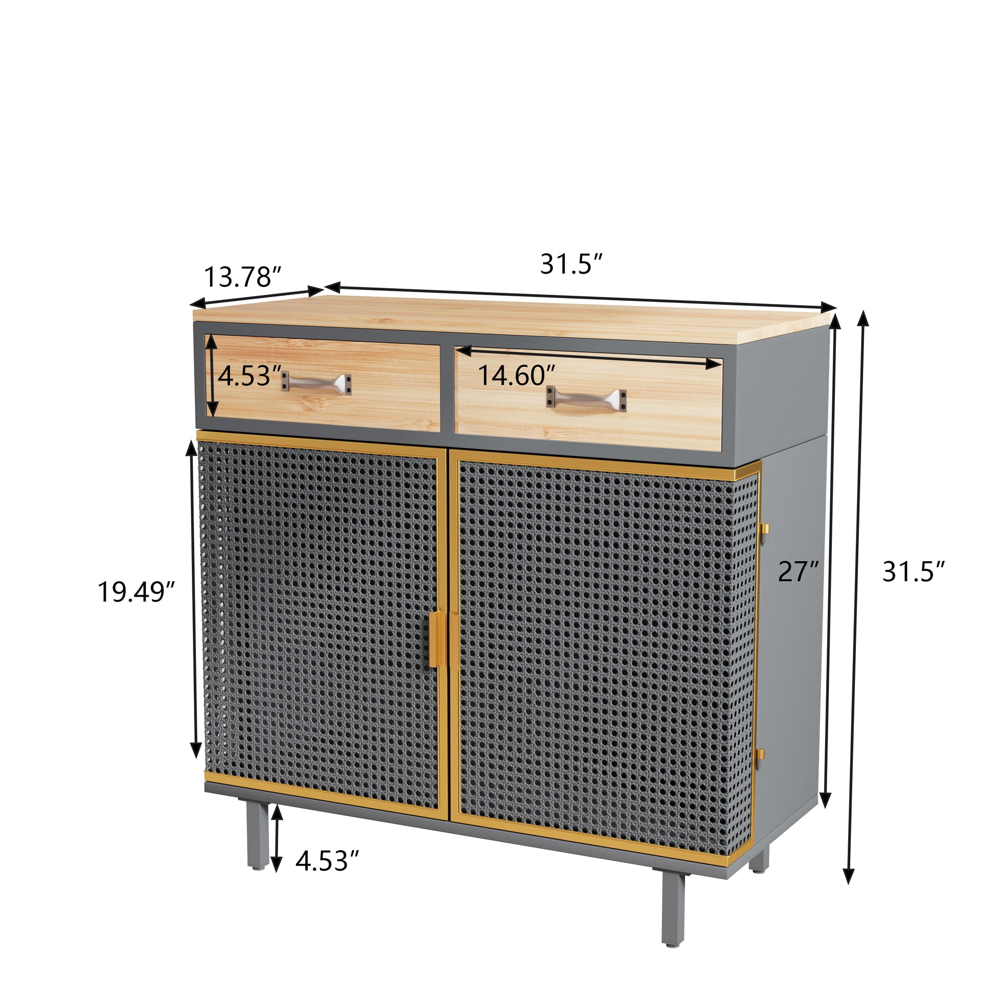 31.5"Wide 2 Drawer Sideboard, Modern Furniture Decor, Made With Iron Carbonized Bamboo, Easy Assembly Dark Gray Metal