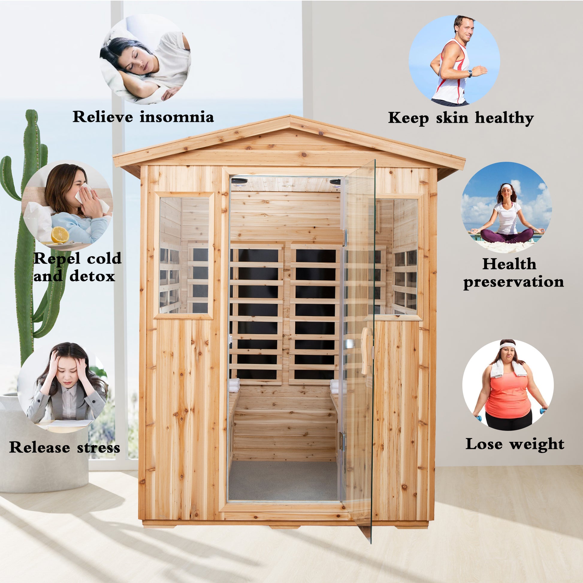 Four Person Old Fir Far Infrared Outdoor Sauna Room Natural Wood Wood Stainless Steel Glass