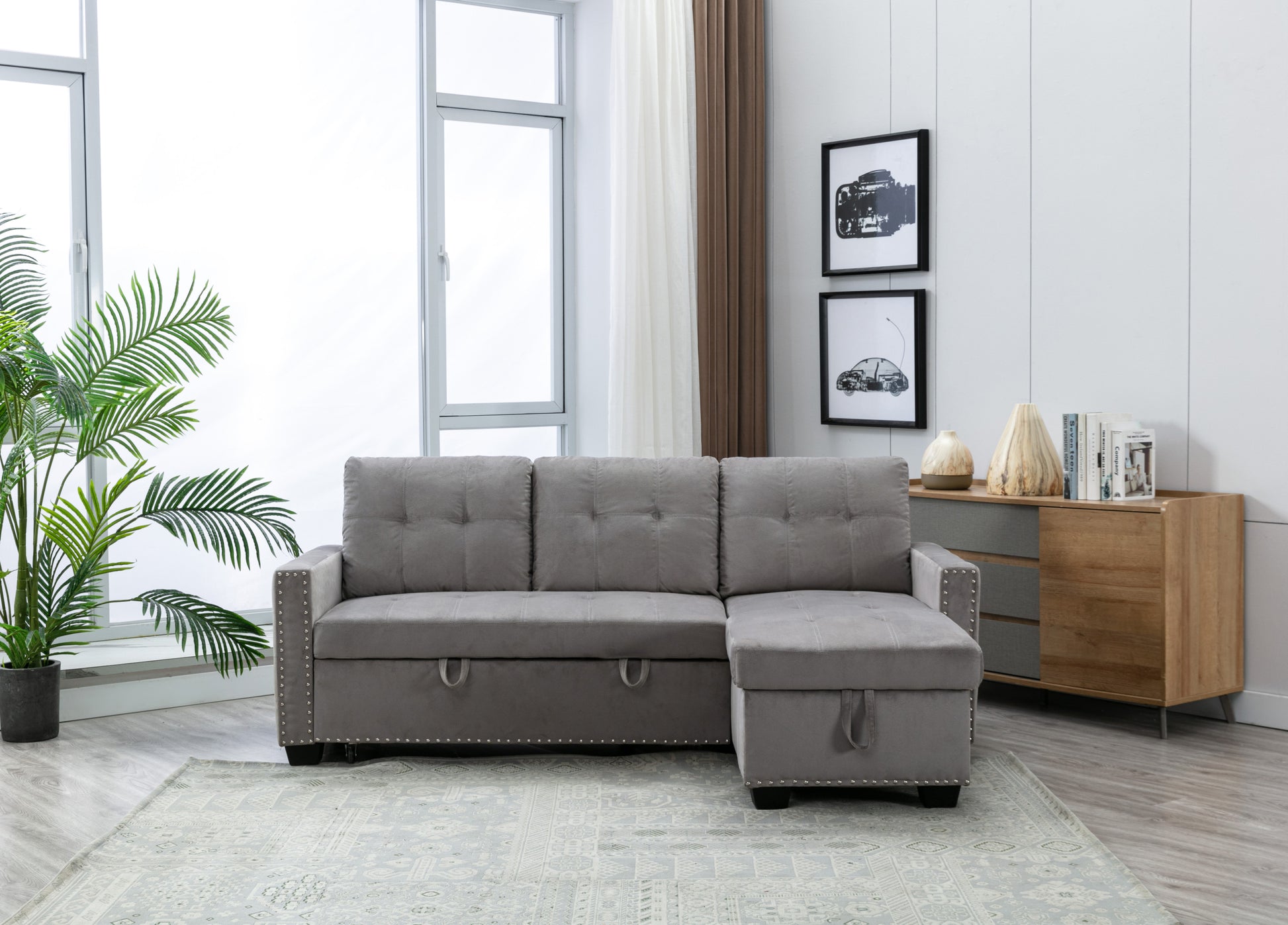 77 Inch Reversible Sectional Storage Sleeper Sofa Bedl Shape 2 Seat Sectional Chaise With Storageskin Feeling Velvet Fabric ,Light Grey Color For Living Room Furniture Light Grey Fabric 3 Seat