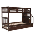 Stairway Twin Over Twin Bunk Bed With Twin Size Trundle For Bedroom, Dorm, Adults, Espresso Old Sku: Lp000209Aap Espresso Solid Wood