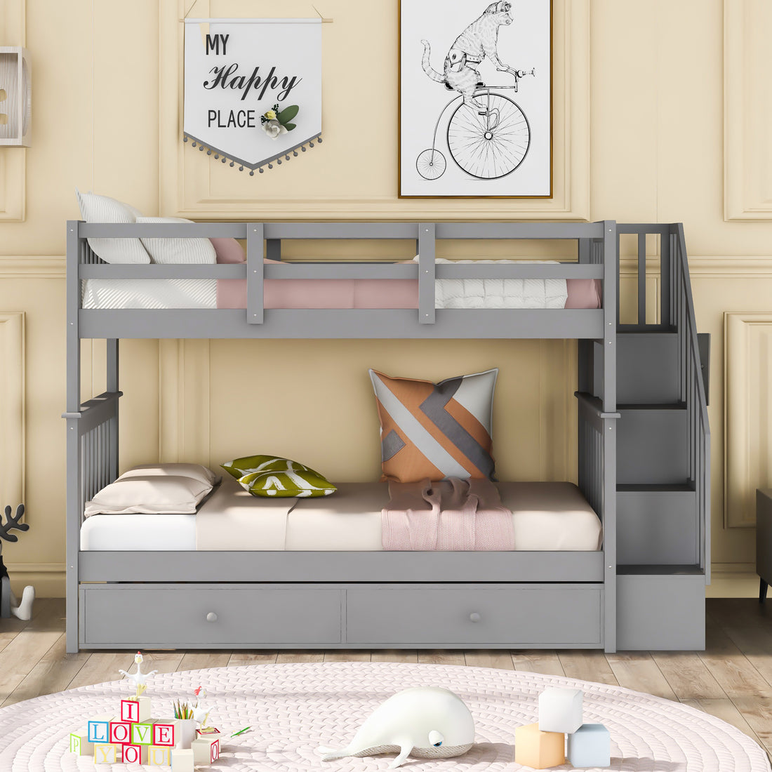 Stairway Twin Over Twin Bunk Bed With Twin Size Trundle For Bedroom, Dorm, Adults, Gray Old Sku: Lp000209Aae Gray Solid Wood