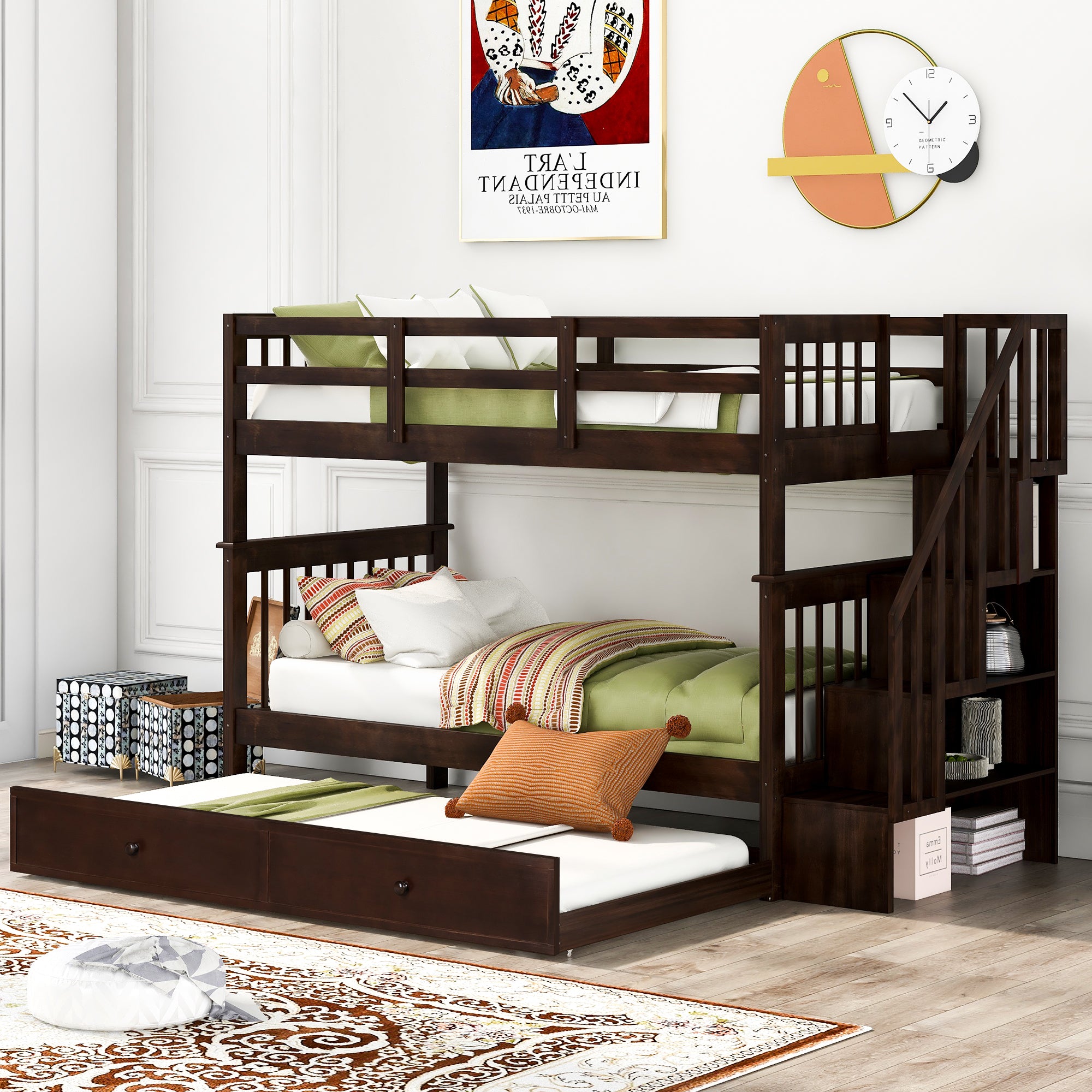 Stairway Twin Over Twin Bunk Bed With Twin Size Trundle For Bedroom, Dorm, Adults, Espresso Old Sku: Lp000209Aap Espresso Solid Wood