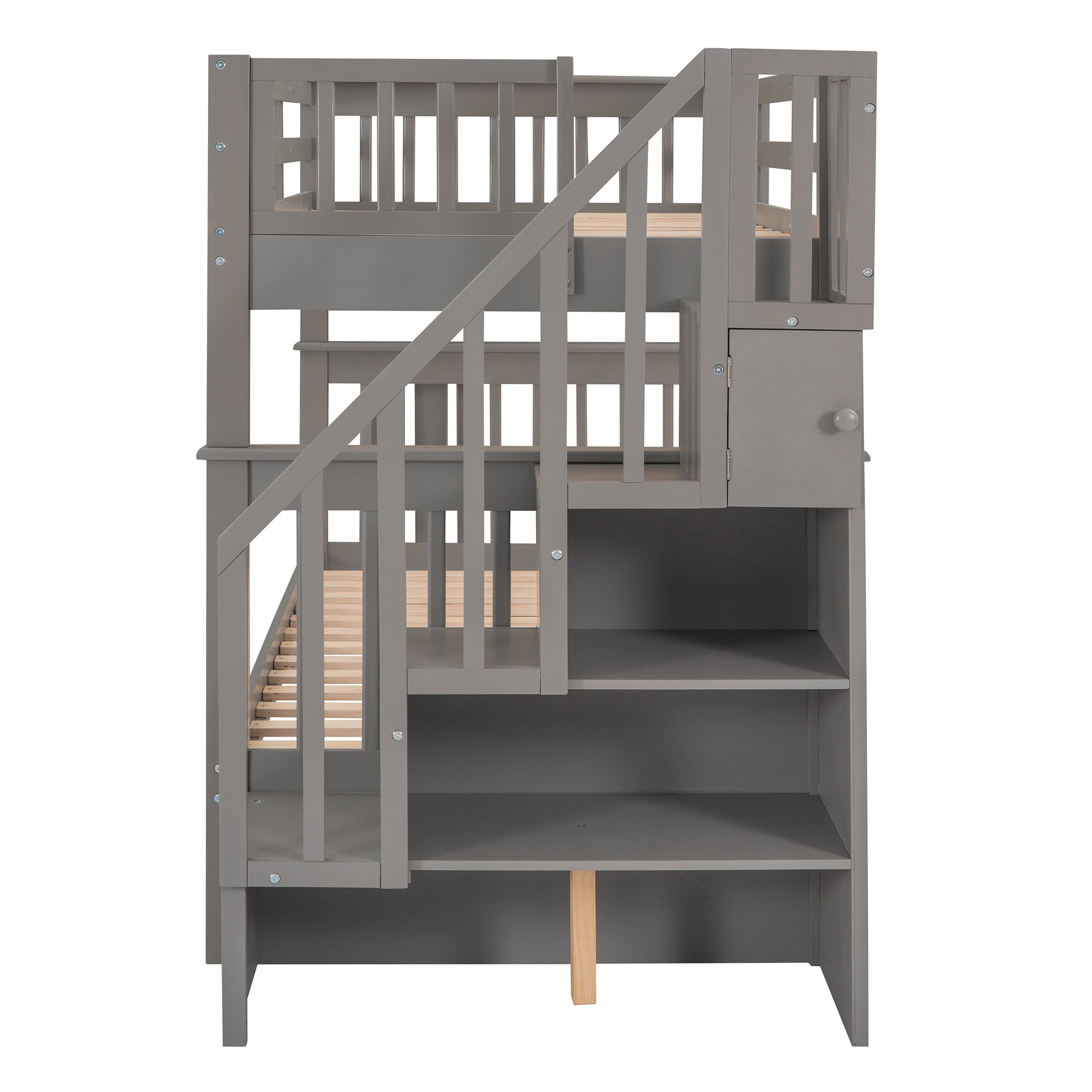 Stairway Twin Over Twin Bunk Bed With Twin Size Trundle For Bedroom, Dorm, Adults, Gray Old Sku: Lp000209Aae Gray Solid Wood