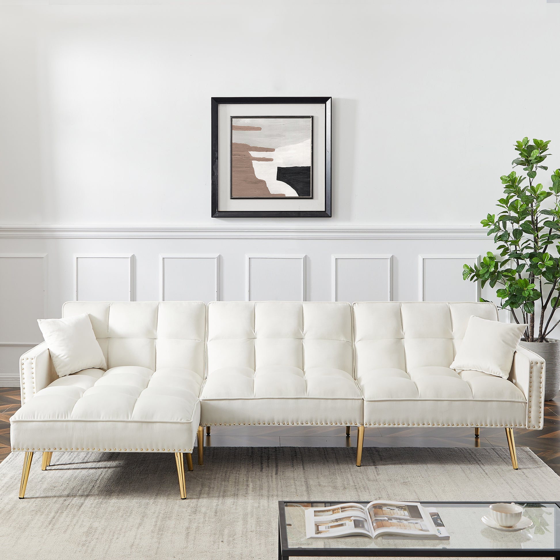 Cream White Velvet Upholstered Reversible Sectional Sofa Bedl Shaped Couch With Movable Ottoman For Living Room. Cream White Wood Tufted Back Square Arms Foam Velvet