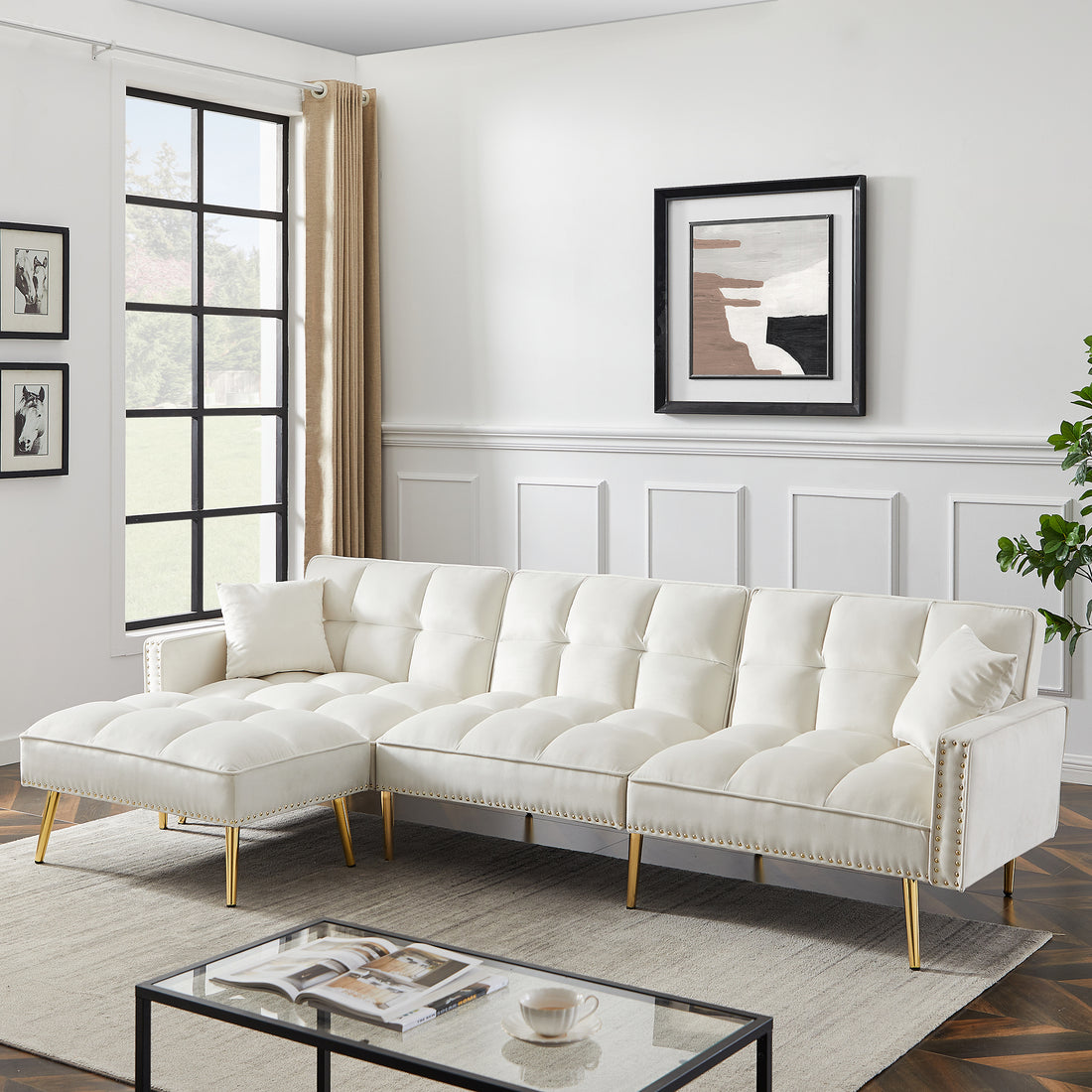 Cream White Velvet Upholstered Reversible Sectional Sofa Bedl Shaped Couch With Movable Ottoman For Living Room. Cream White Wood Tufted Back Square Arms Foam Velvet