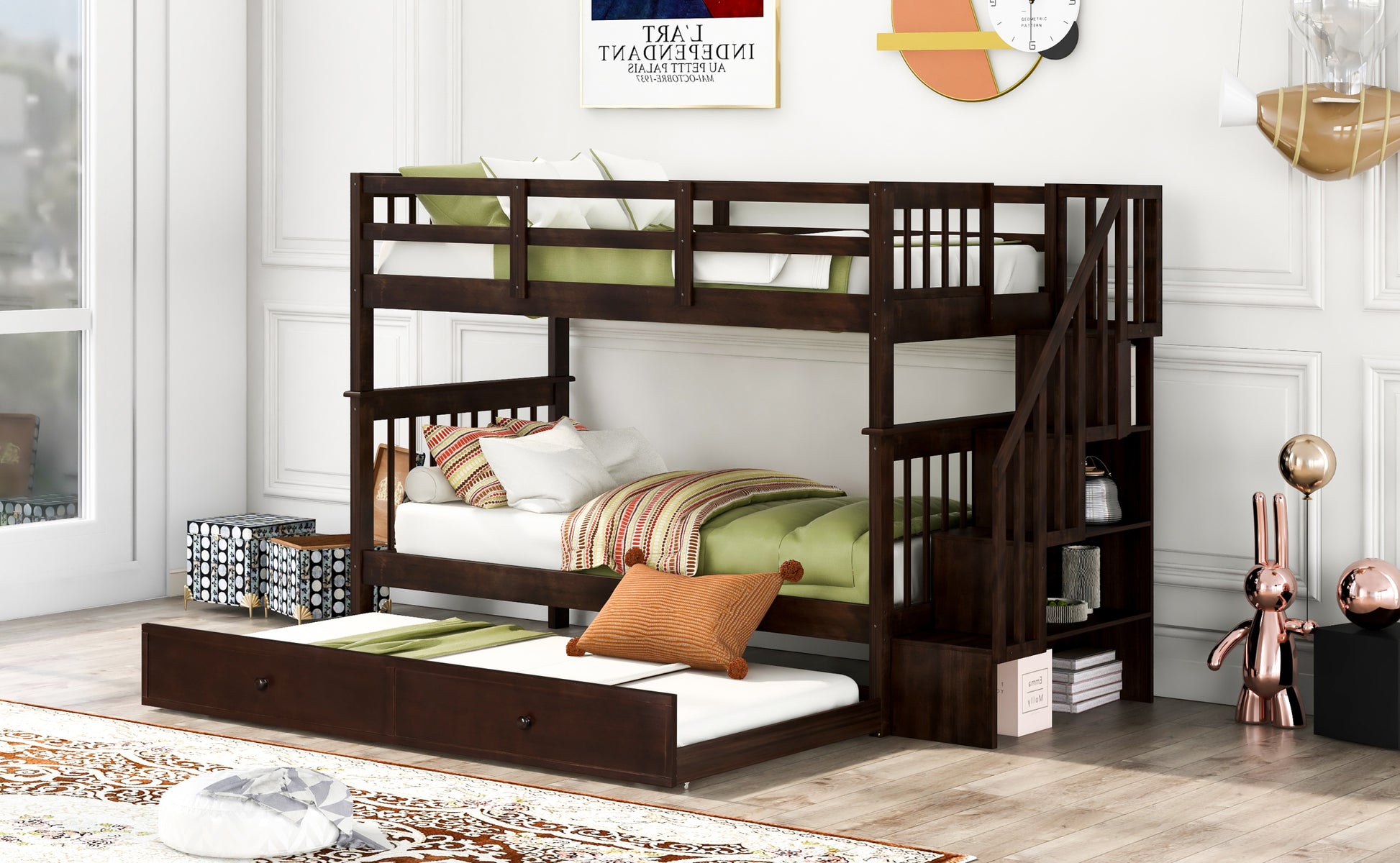 Stairway Twin Over Twin Bunk Bed With Twin Size Trundle For Bedroom, Dorm, Adults, Espresso Old Sku: Lp000209Aap Espresso Solid Wood