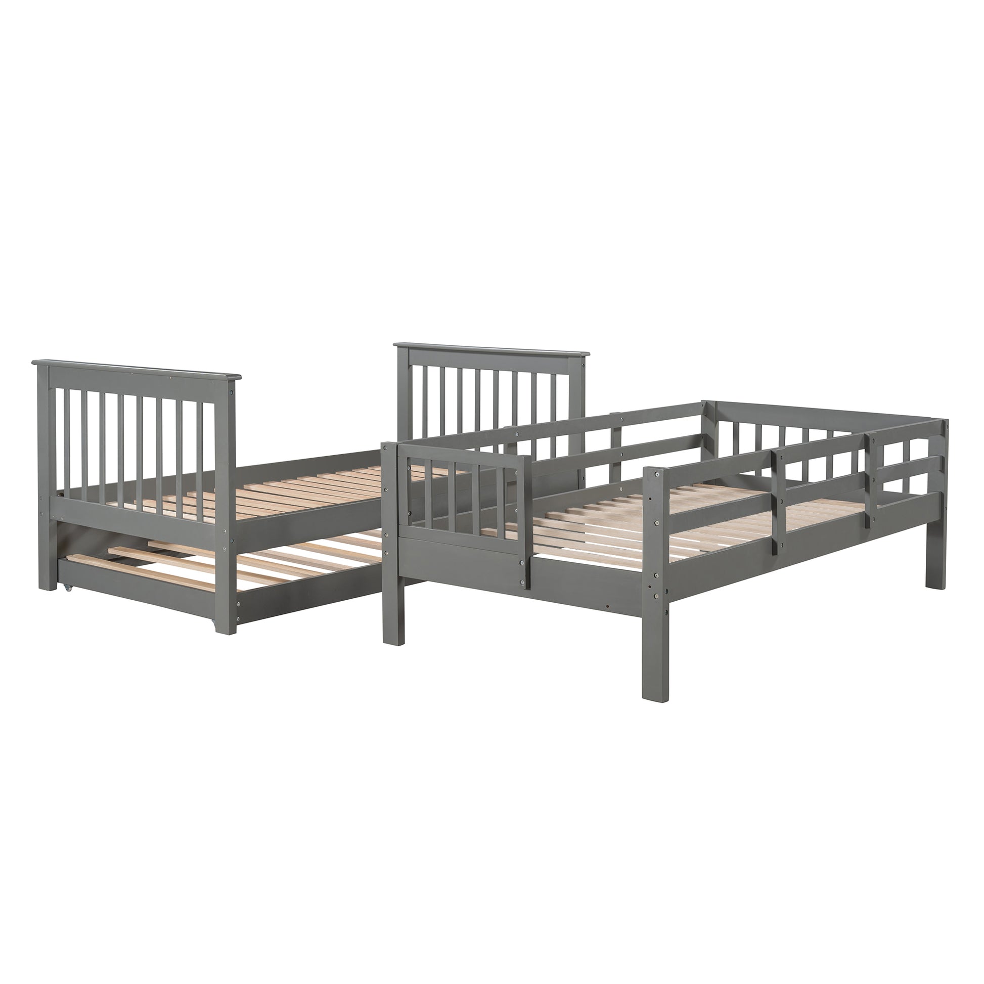 Stairway Twin Over Twin Bunk Bed With Twin Size Trundle For Bedroom, Dorm, Adults, Gray Old Sku: Lp000209Aae Gray Solid Wood