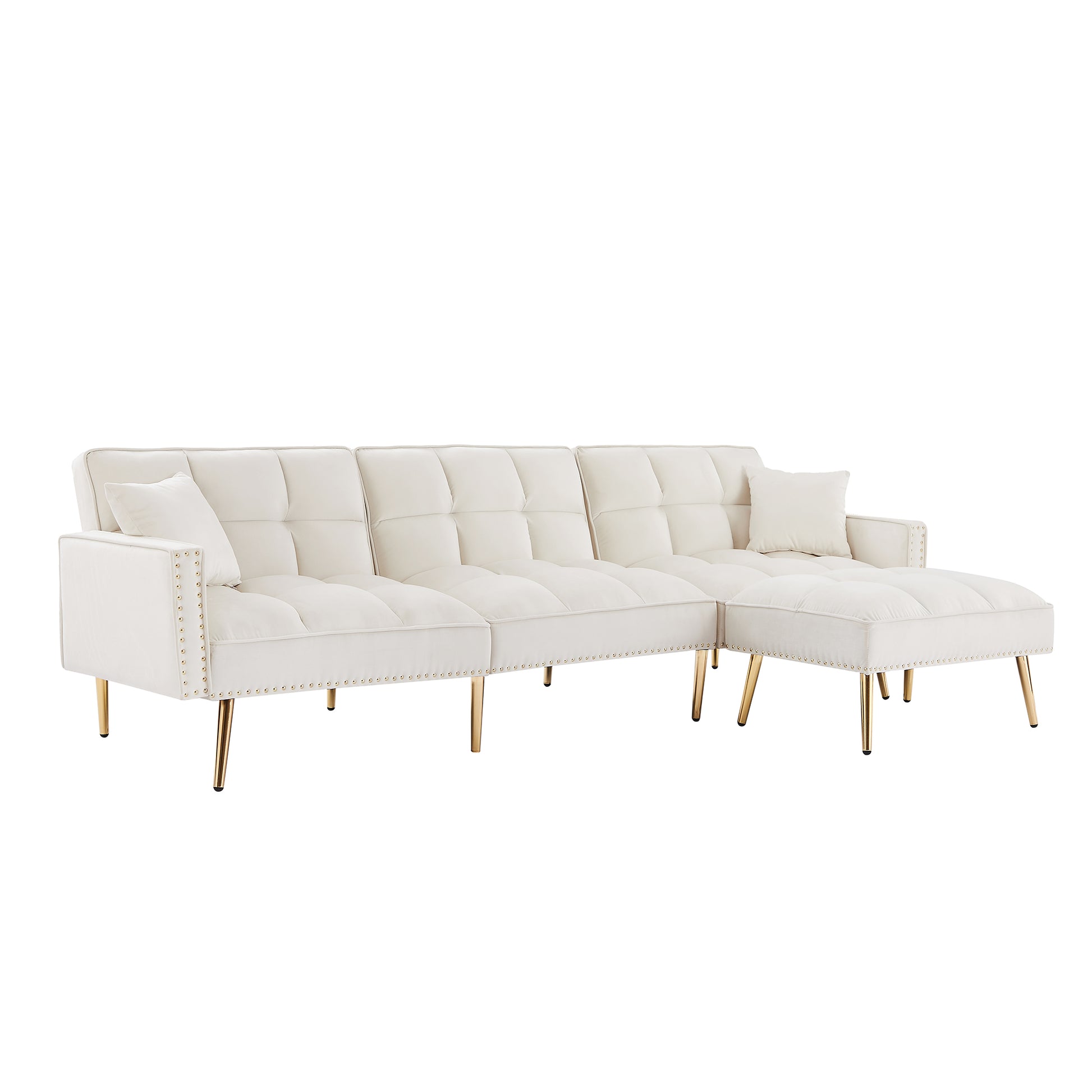 Cream White Velvet Upholstered Reversible Sectional Sofa Bedl Shaped Couch With Movable Ottoman For Living Room. Cream White Wood Tufted Back Square Arms Foam Velvet