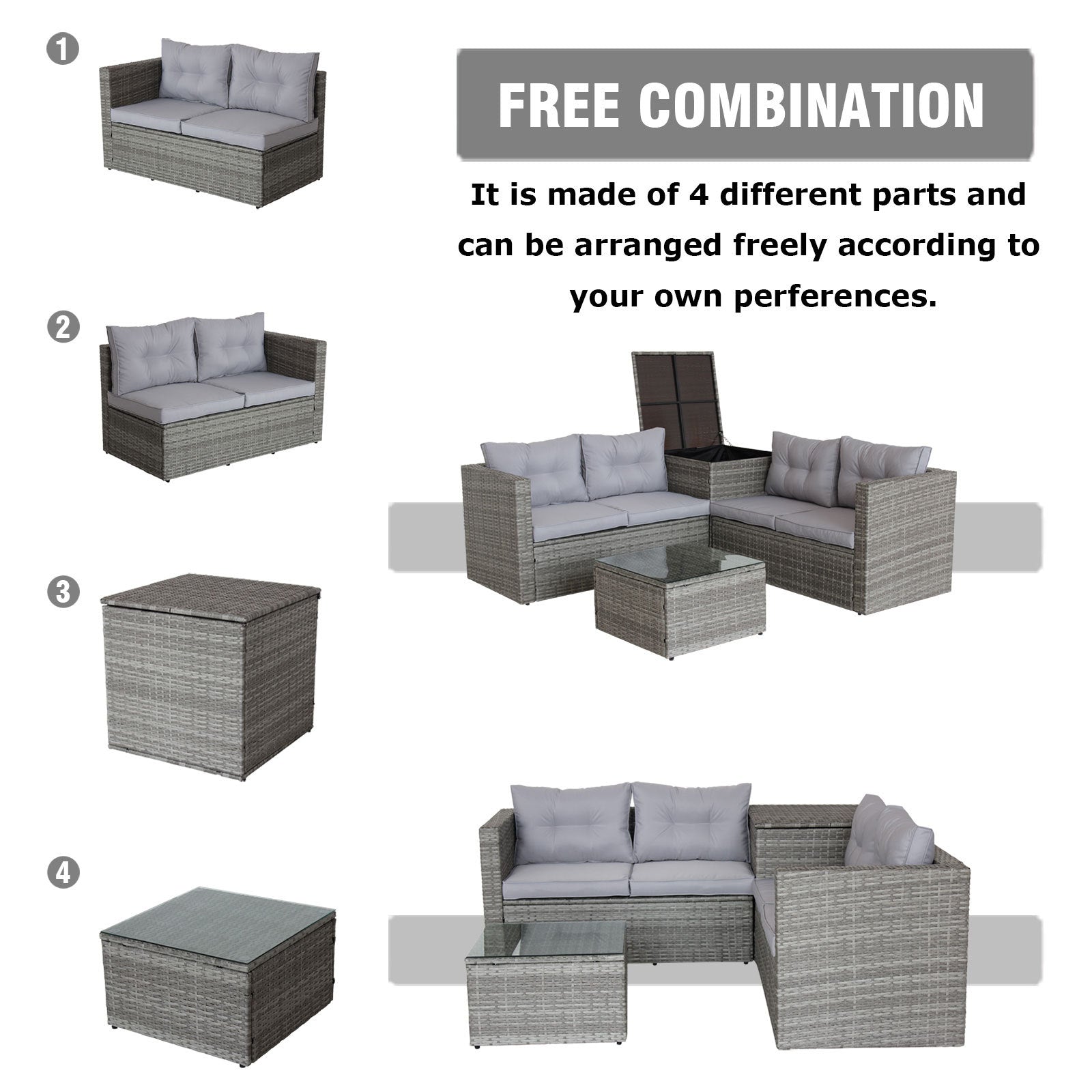 4 Piece Patio Sectional Wicker Rattan Outdoor Furniture Sofa Set With Storage Box Grey Grey Iron