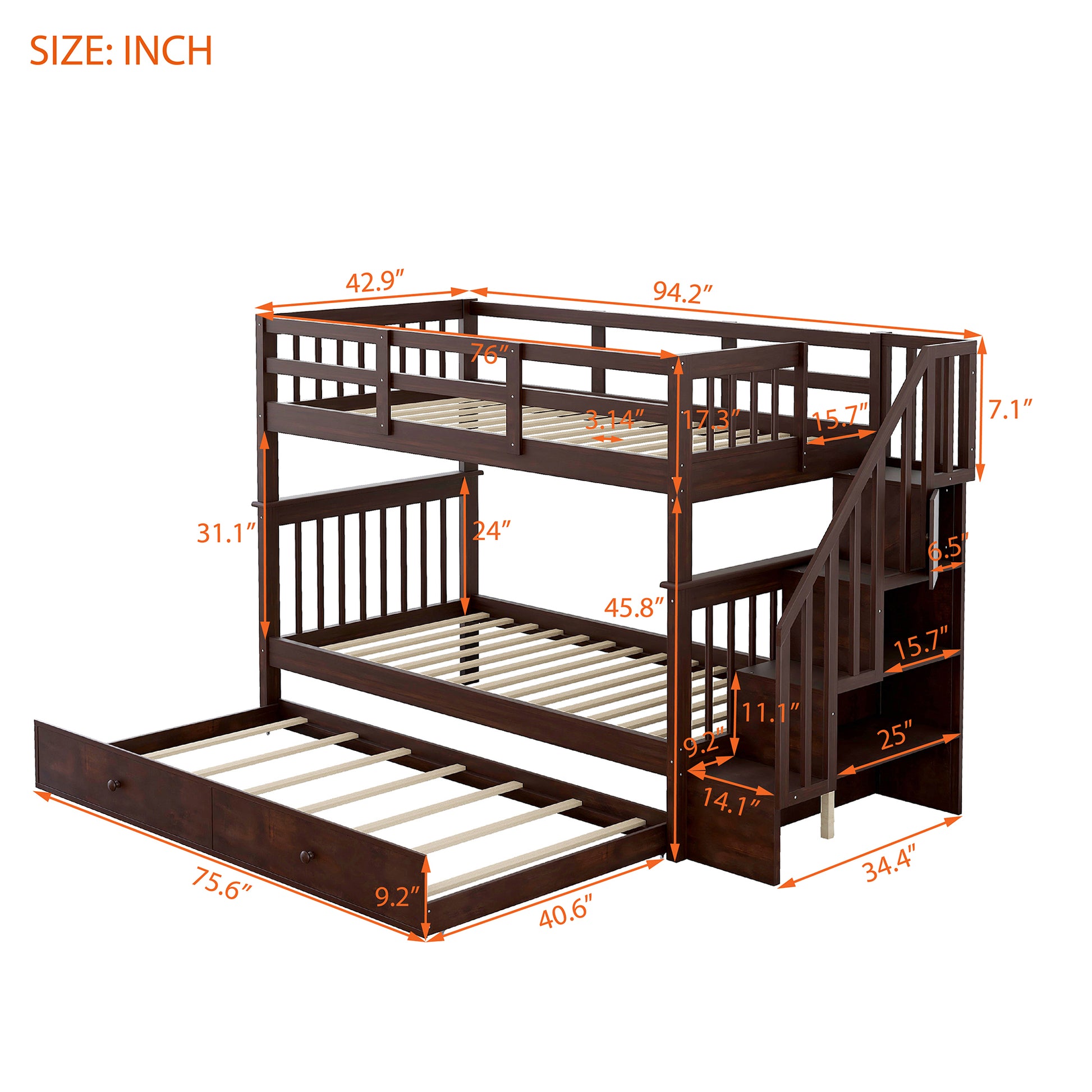 Stairway Twin Over Twin Bunk Bed With Twin Size Trundle For Bedroom, Dorm, Adults, Espresso Old Sku: Lp000209Aap Espresso Solid Wood