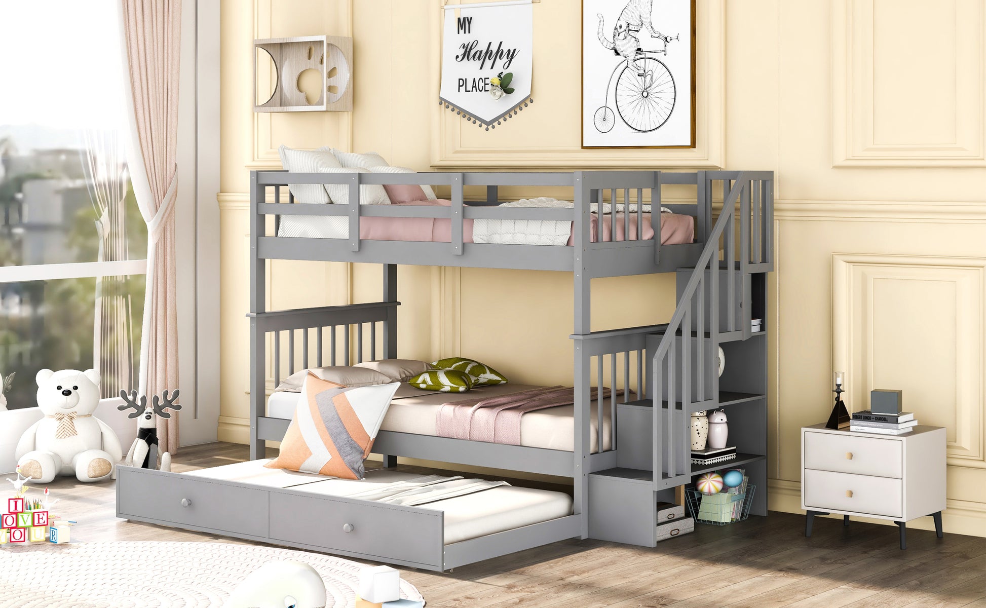 Stairway Twin Over Twin Bunk Bed With Twin Size Trundle For Bedroom, Dorm, Adults, Gray Old Sku: Lp000209Aae Gray Solid Wood