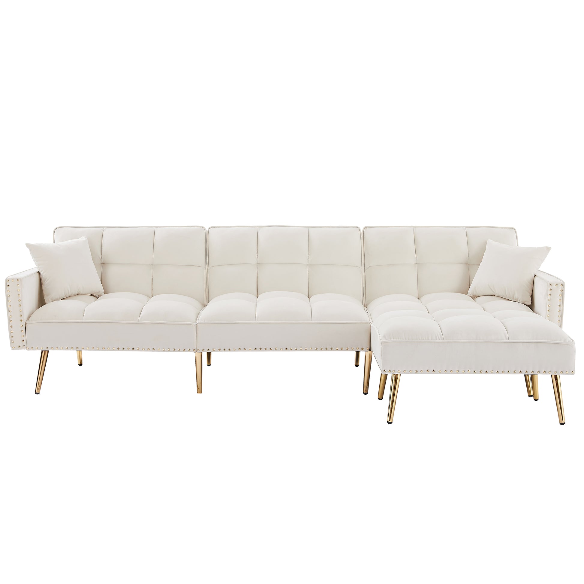 Cream White Velvet Upholstered Reversible Sectional Sofa Bedl Shaped Couch With Movable Ottoman For Living Room. Cream White Wood Tufted Back Square Arms Foam Velvet