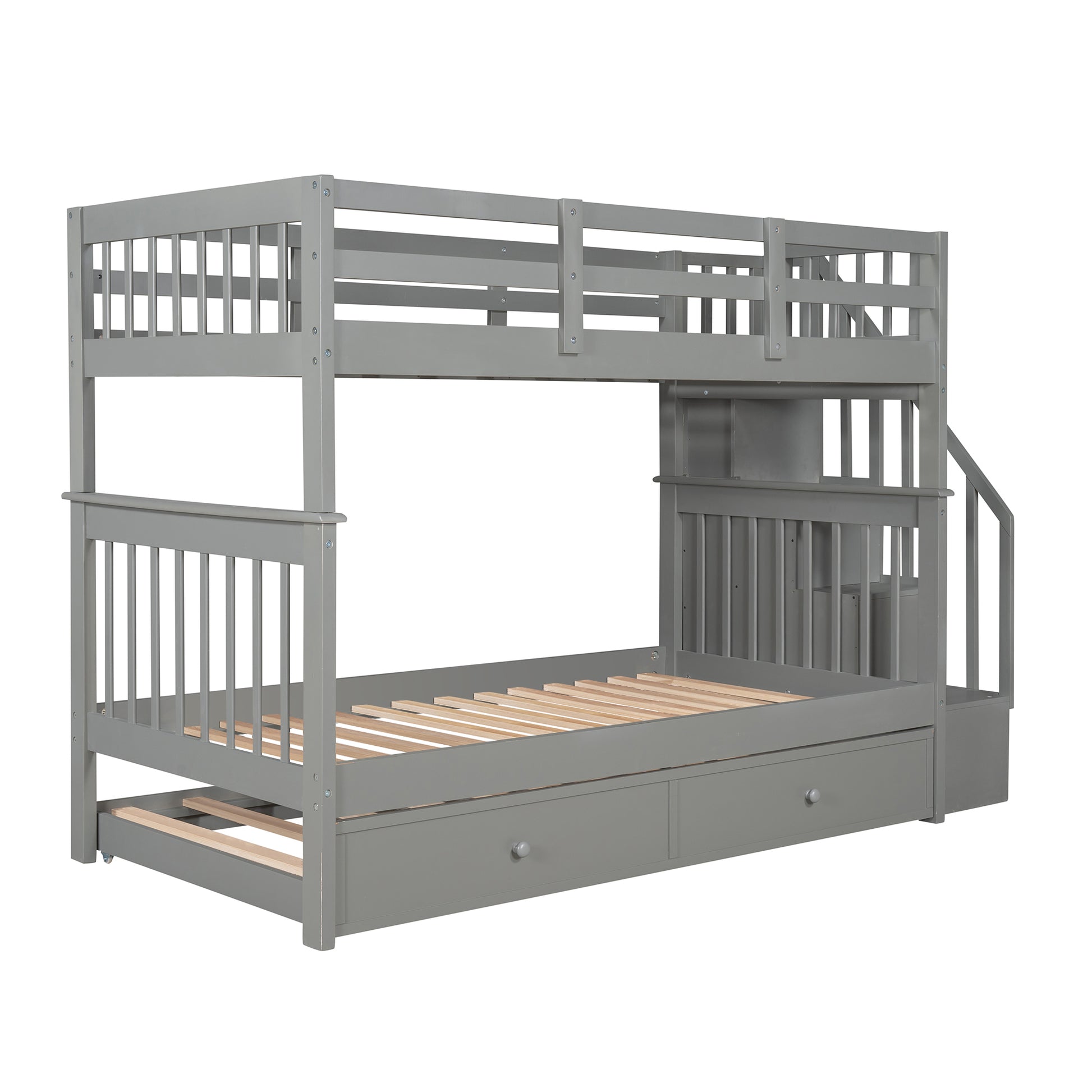 Stairway Twin Over Twin Bunk Bed With Twin Size Trundle For Bedroom, Dorm, Adults, Gray Old Sku: Lp000209Aae Gray Solid Wood