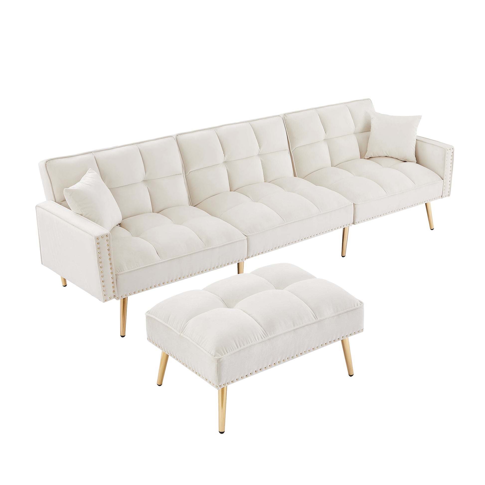 Cream White Velvet Upholstered Reversible Sectional Sofa Bedl Shaped Couch With Movable Ottoman For Living Room. Cream White Wood Tufted Back Square Arms Foam Velvet