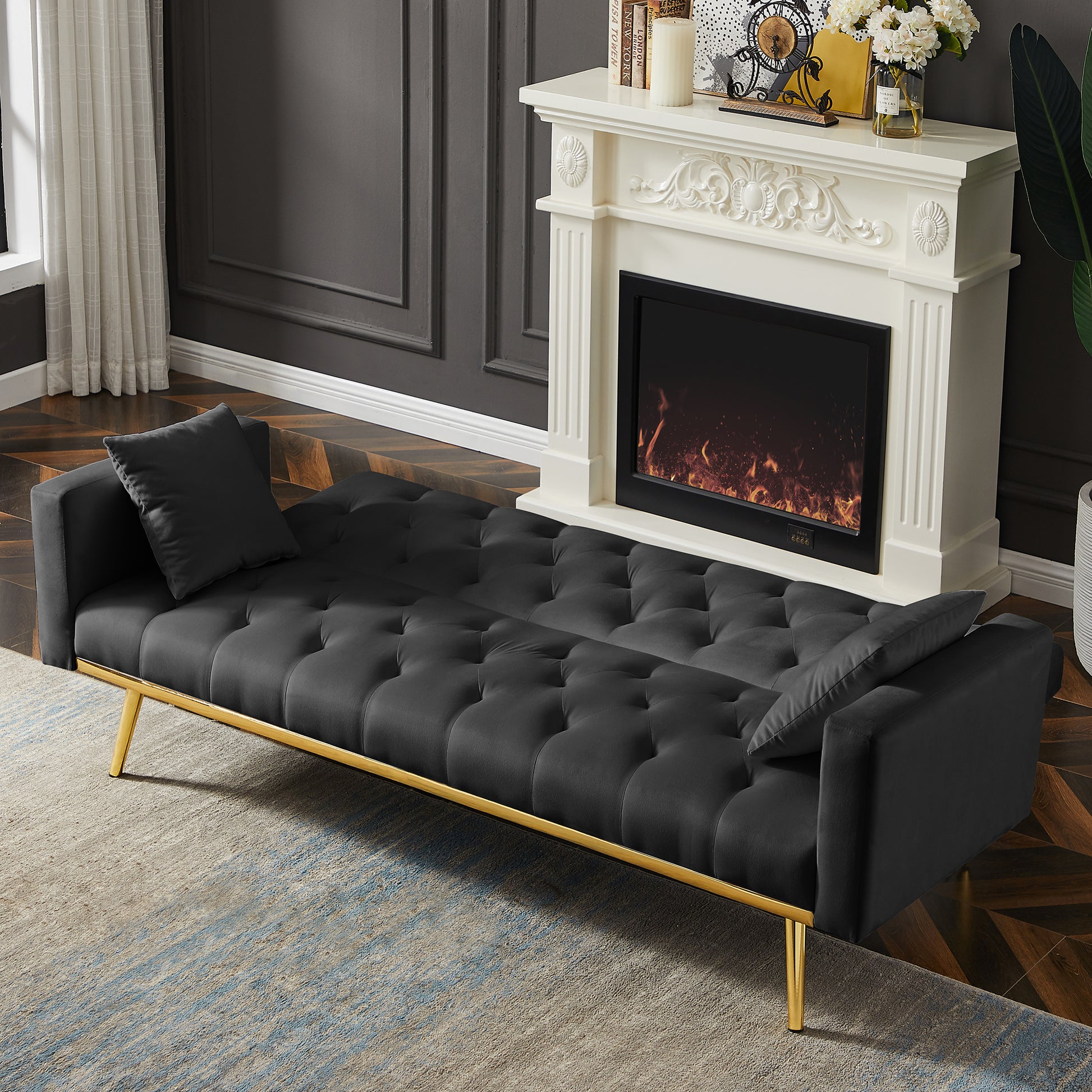 Black Convertible Folding Futon Sofa Bedsleeper Sofa Couch For Compact Living Space. Black Wood Tufted Back Square Arms Velvet