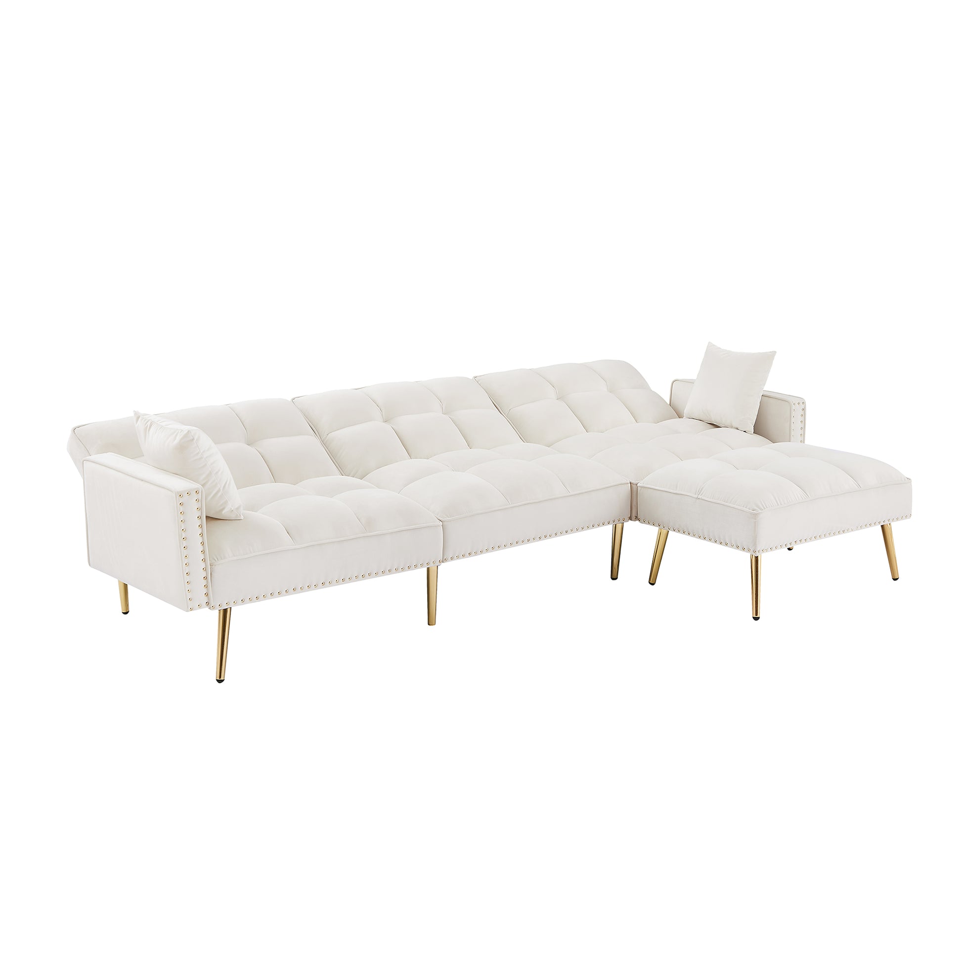 Cream White Velvet Upholstered Reversible Sectional Sofa Bedl Shaped Couch With Movable Ottoman For Living Room. Cream White Wood Tufted Back Square Arms Foam Velvet