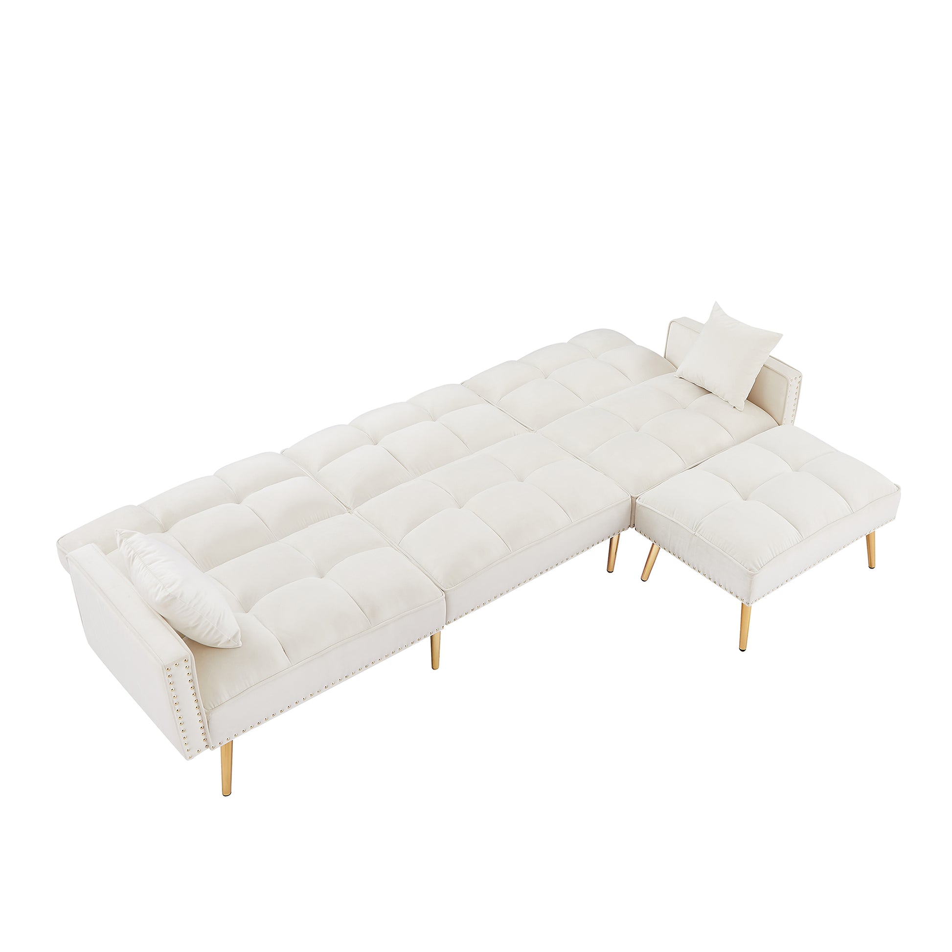 Cream White Velvet Upholstered Reversible Sectional Sofa Bedl Shaped Couch With Movable Ottoman For Living Room. Cream White Wood Tufted Back Square Arms Foam Velvet