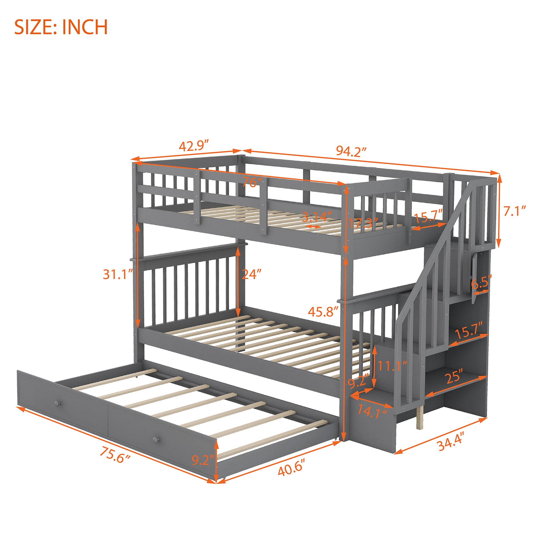 Stairway Twin Over Twin Bunk Bed With Twin Size Trundle For Bedroom, Dorm, Adults, Gray Old Sku: Lp000209Aae Gray Solid Wood