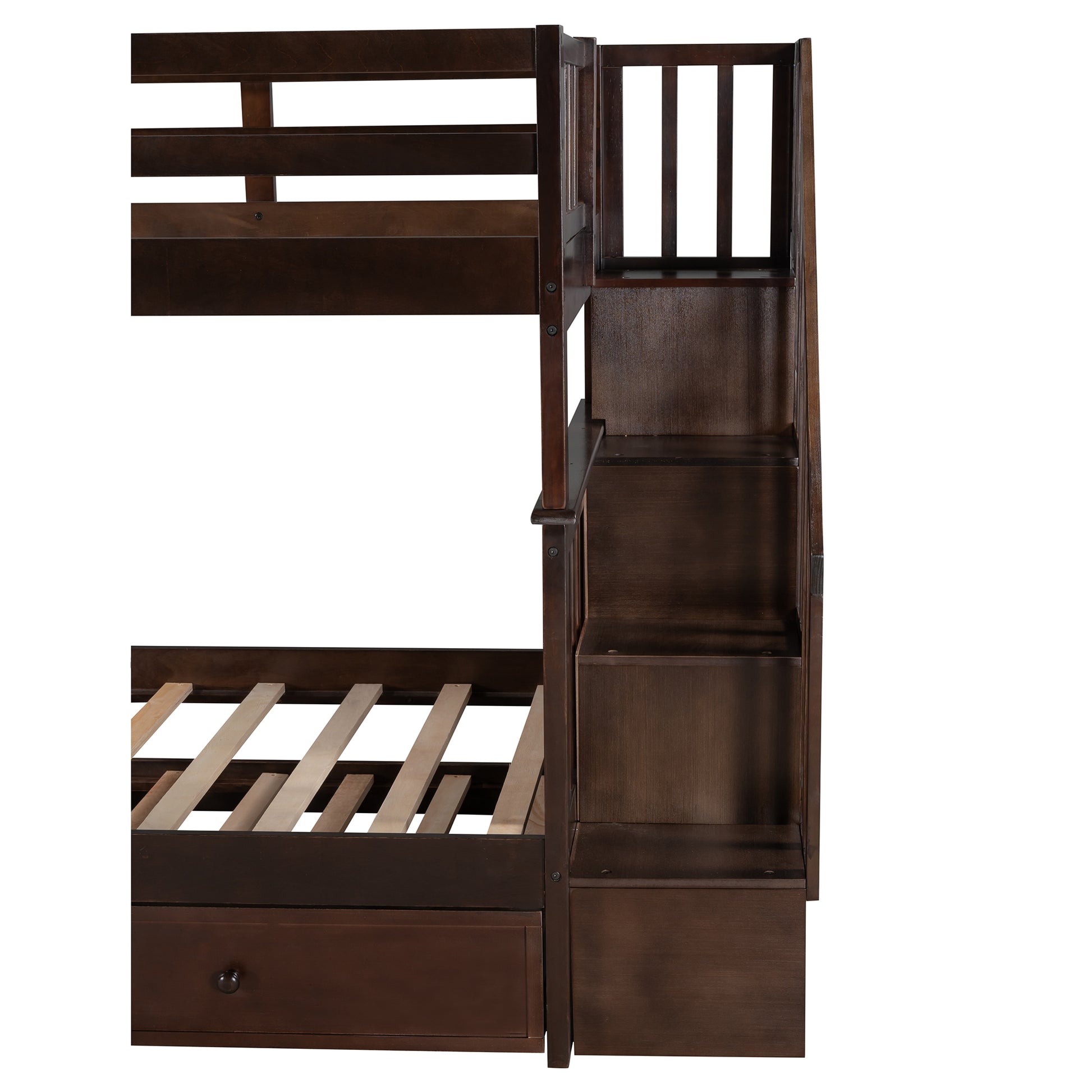 Stairway Twin Over Twin Bunk Bed With Twin Size Trundle For Bedroom, Dorm, Adults, Espresso Old Sku: Lp000209Aap Espresso Solid Wood