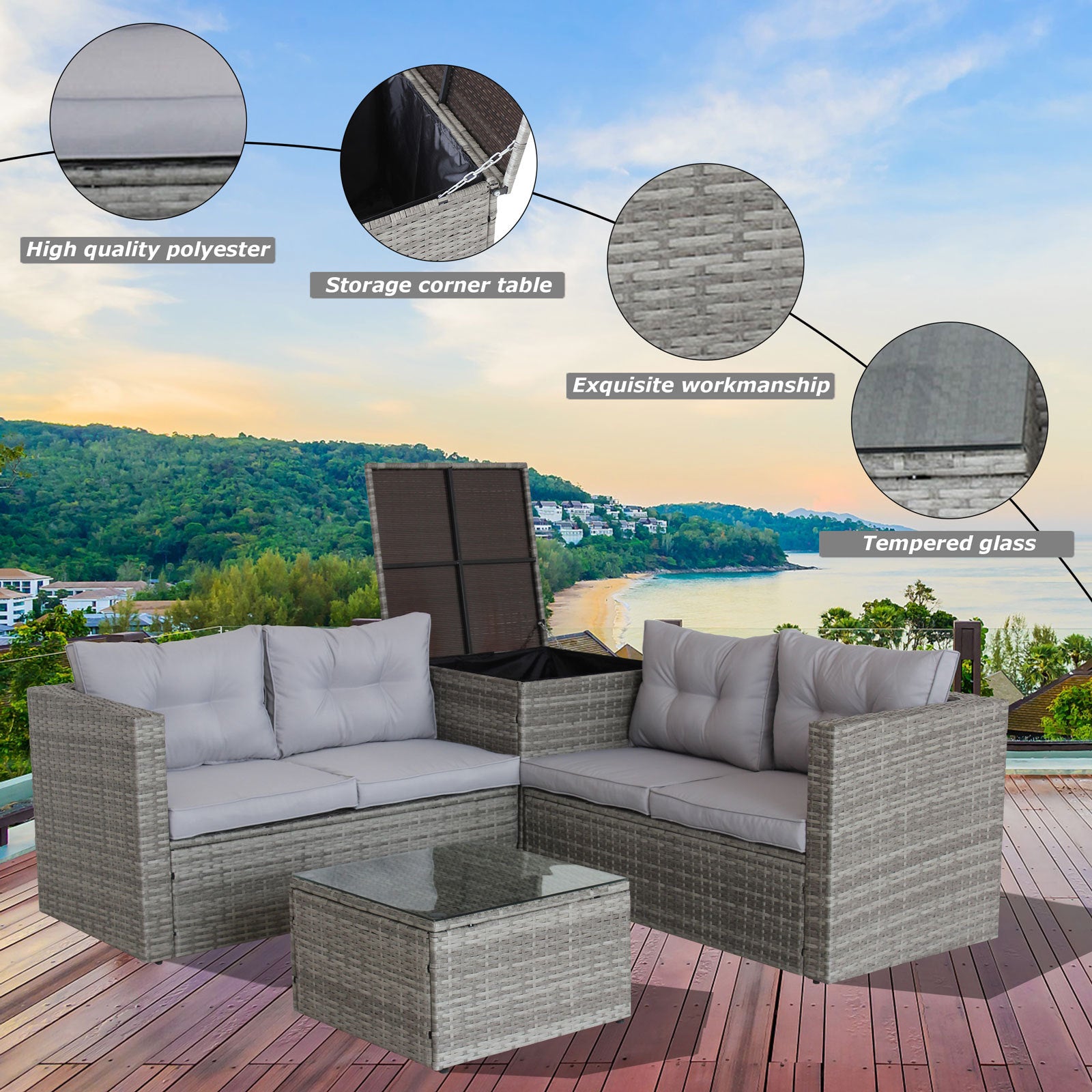 4 Piece Patio Sectional Wicker Rattan Outdoor Furniture Sofa Set With Storage Box Grey Grey Iron