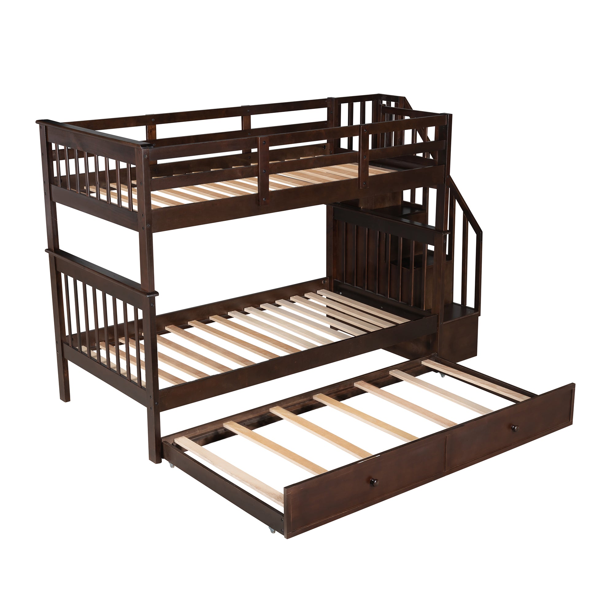 Stairway Twin Over Twin Bunk Bed With Twin Size Trundle For Bedroom, Dorm, Adults, Espresso Old Sku: Lp000209Aap Espresso Solid Wood