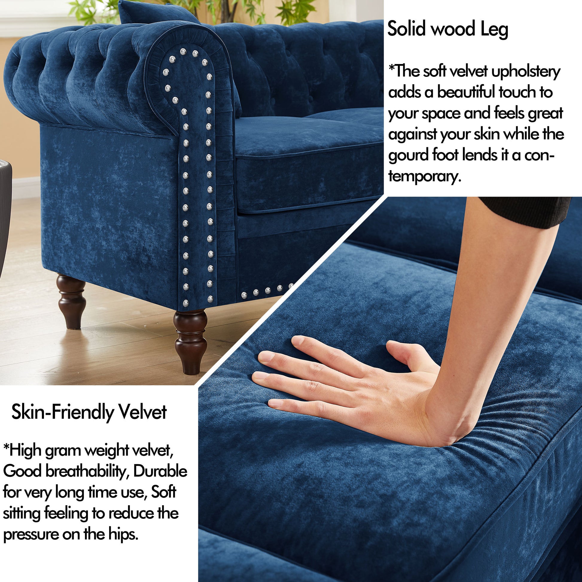 Mh 80" Deep Button Tufted Upholstered Roll Arm Luxury Classic Chesterfield L Shaped Sofa 3 Pillows Included, Solid Wood Gourd Legs, Blue Velvet S00011 Blue Velvet Polyester Velvet 5 Seat