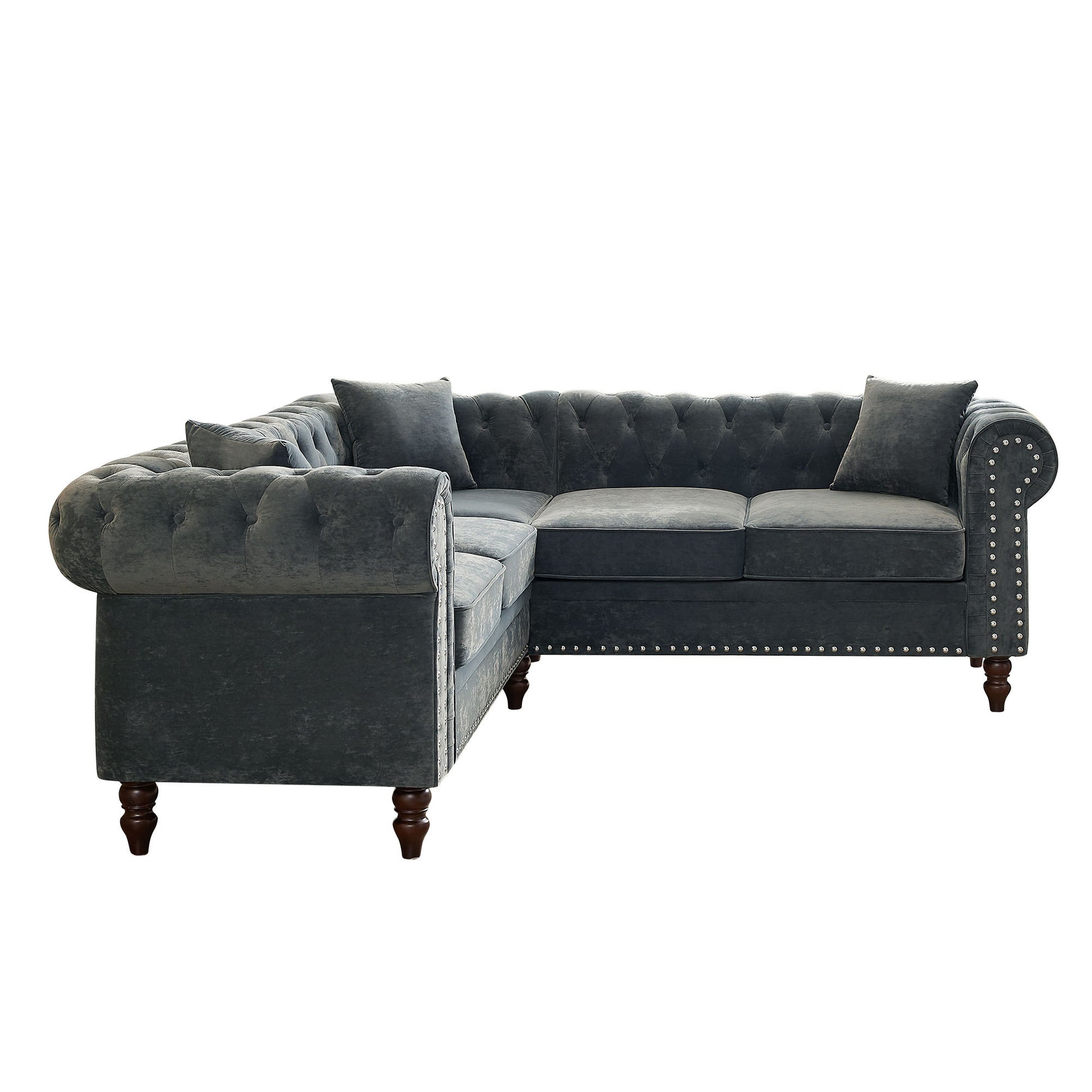 Mh 80" Deep Button Tufted Upholstered Roll Arm Luxury Classic Chesterfield L Shaped Sofa 3 Pillows Included, Solid Wood Gourd Legs, Grey Velvet Grey Polyester Velvet